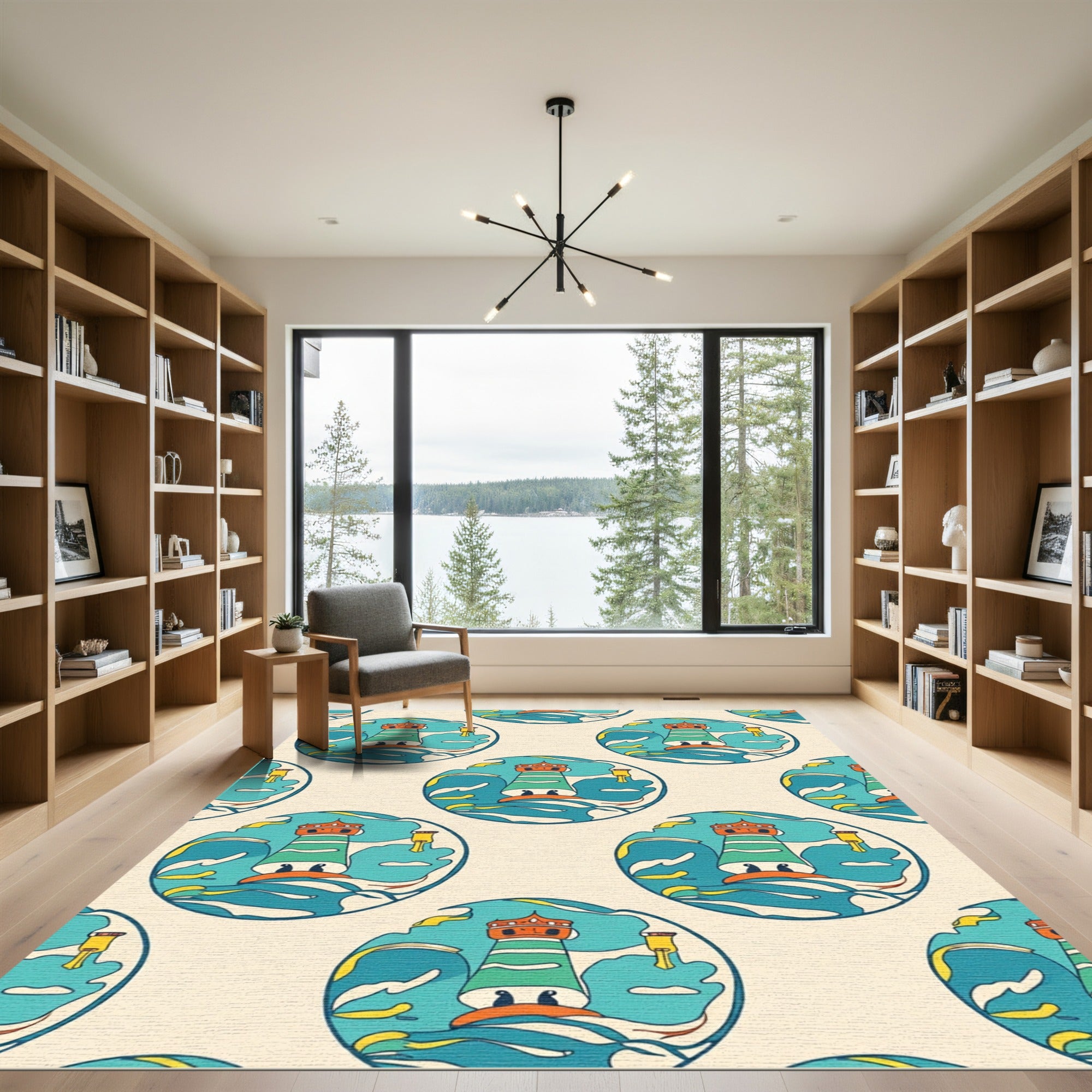 Whimsical Lighthouse Ocean Waves Medallion Rug