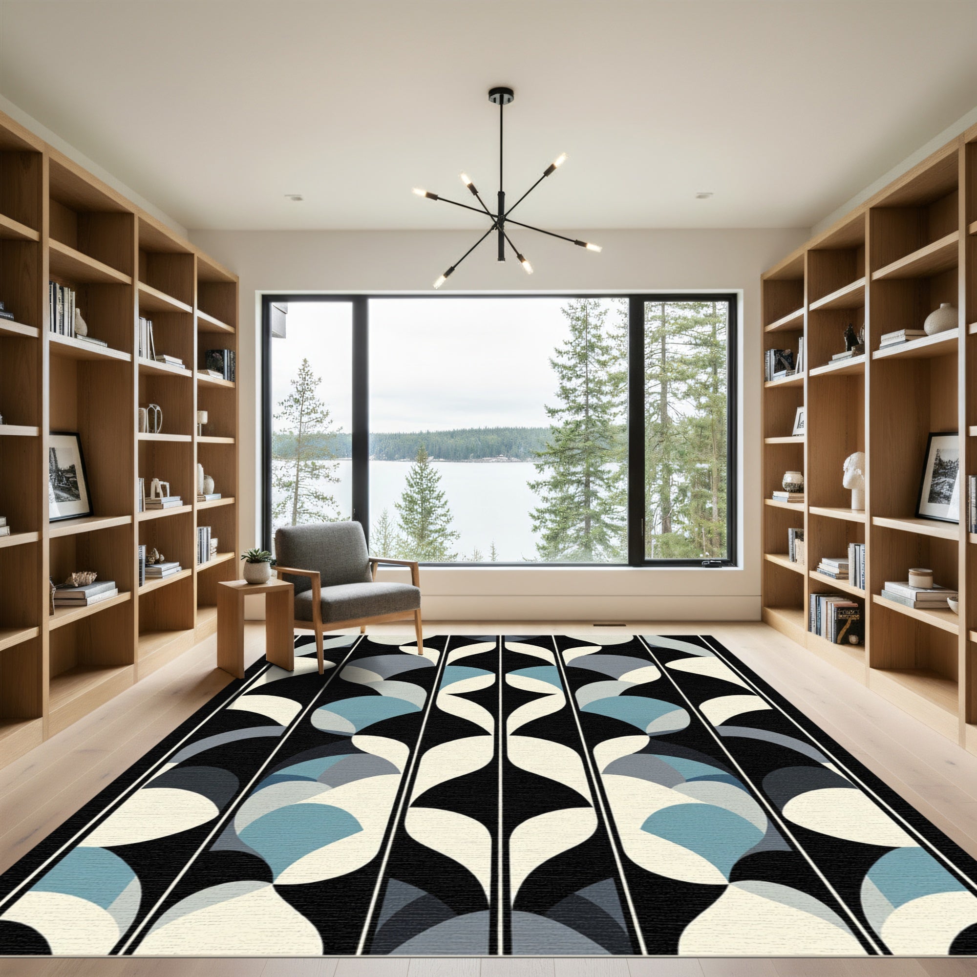 Abstract Blue Ivory Black Geometric Panels Rug