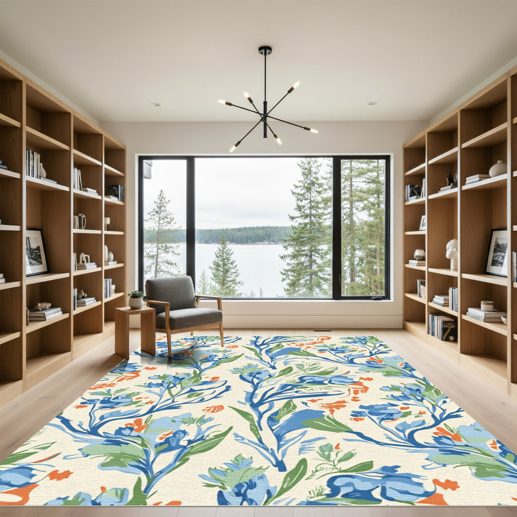 Blues greens and orange floral stems Rug