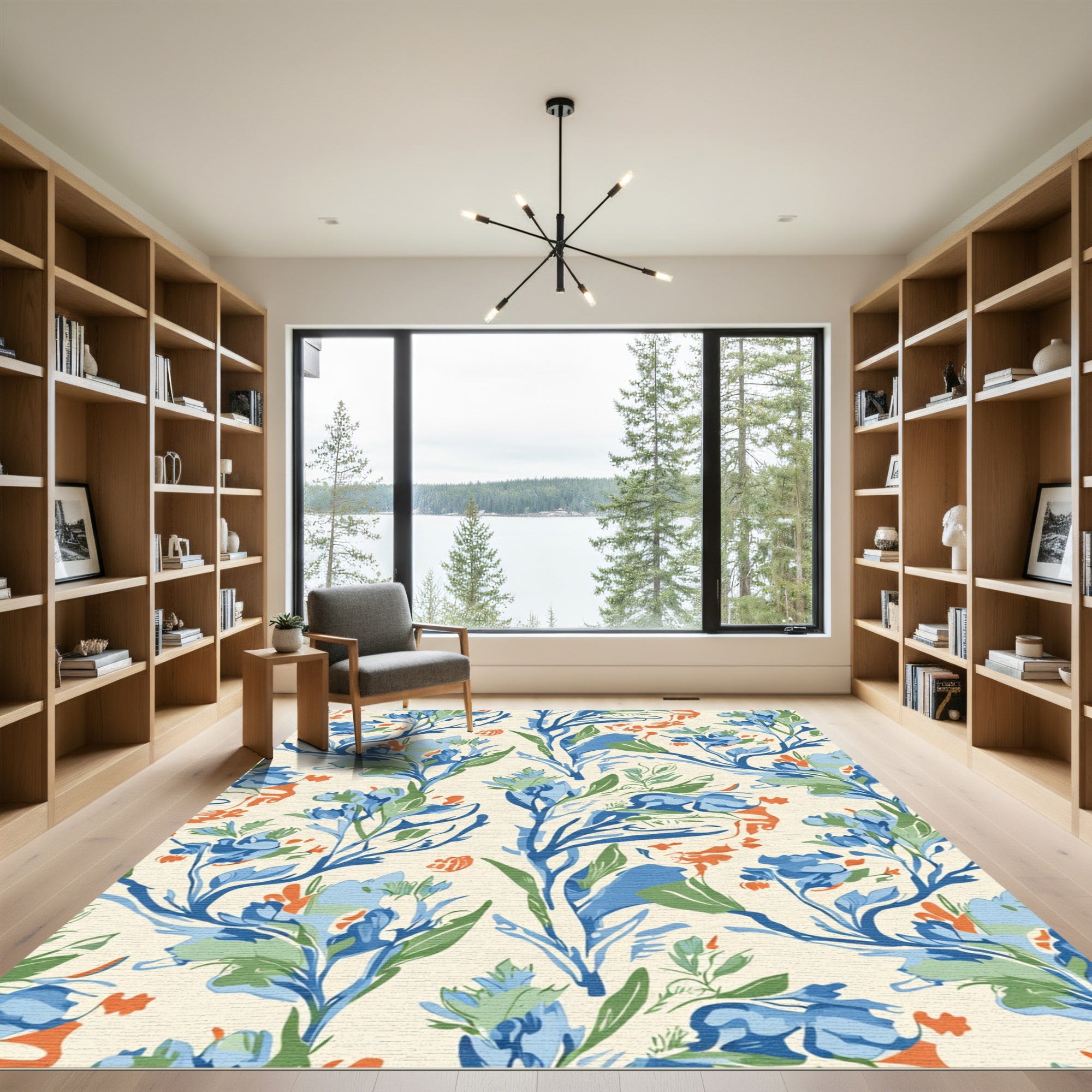 Blues greens and orange floral stems Rug