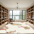 Whimsical Orange Teal Creatures Floral Scene Rug