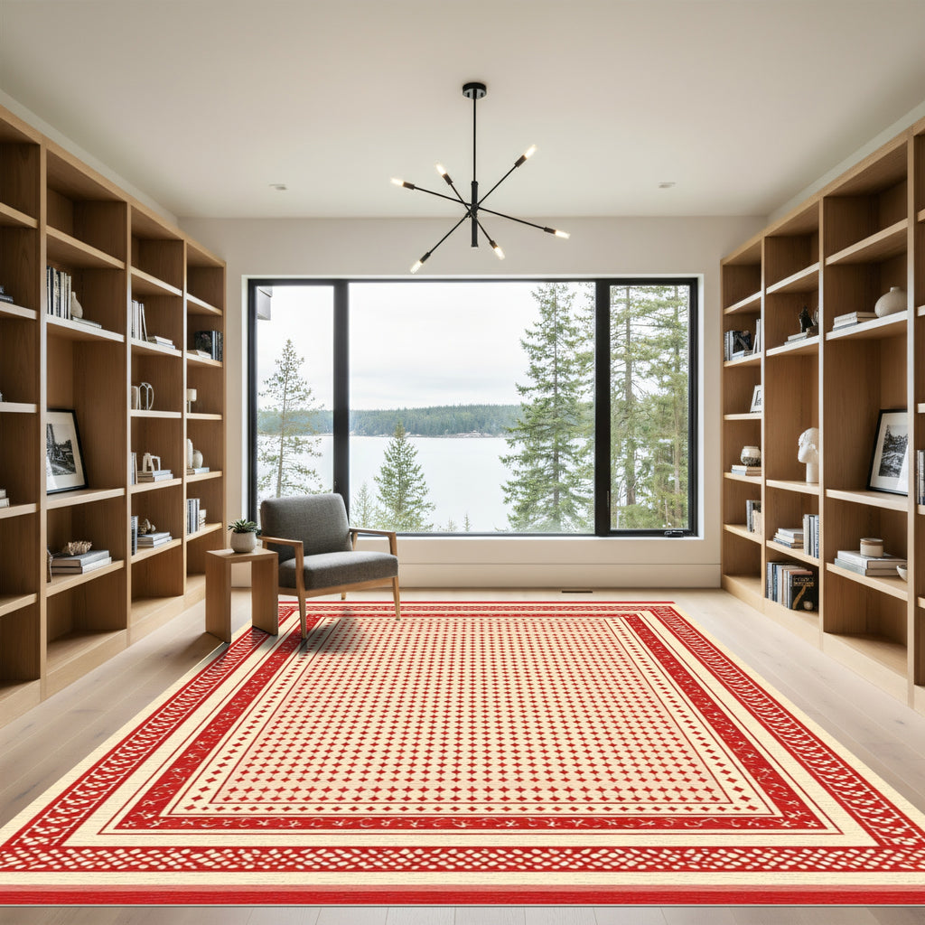 Crimson Geometric Diamond Lattice Rug