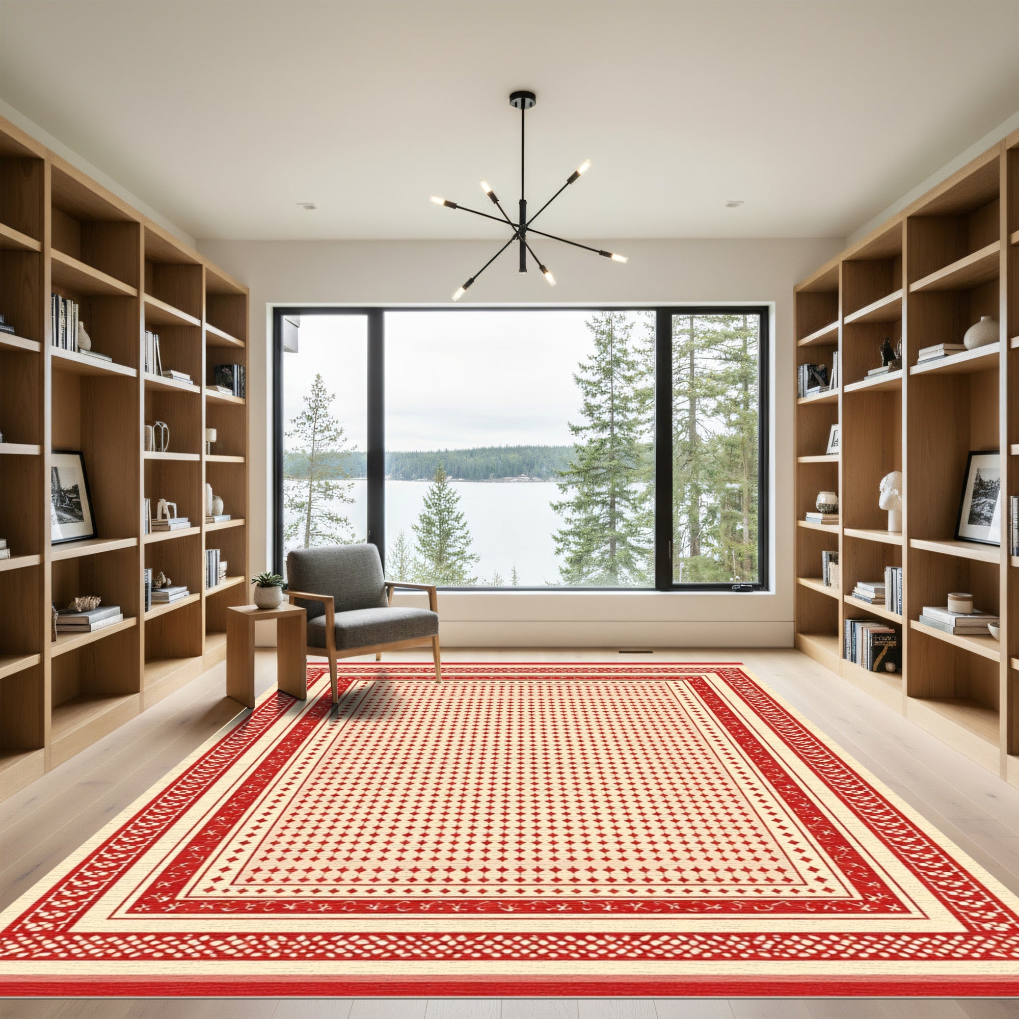 Crimson Geometric Diamond Lattice Rug