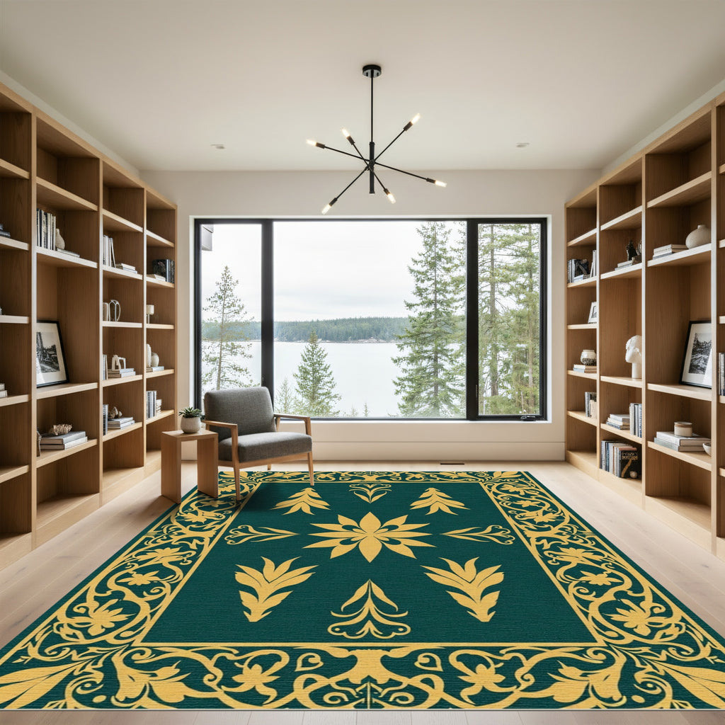Golden Floral Border on Teal Canvas Rug