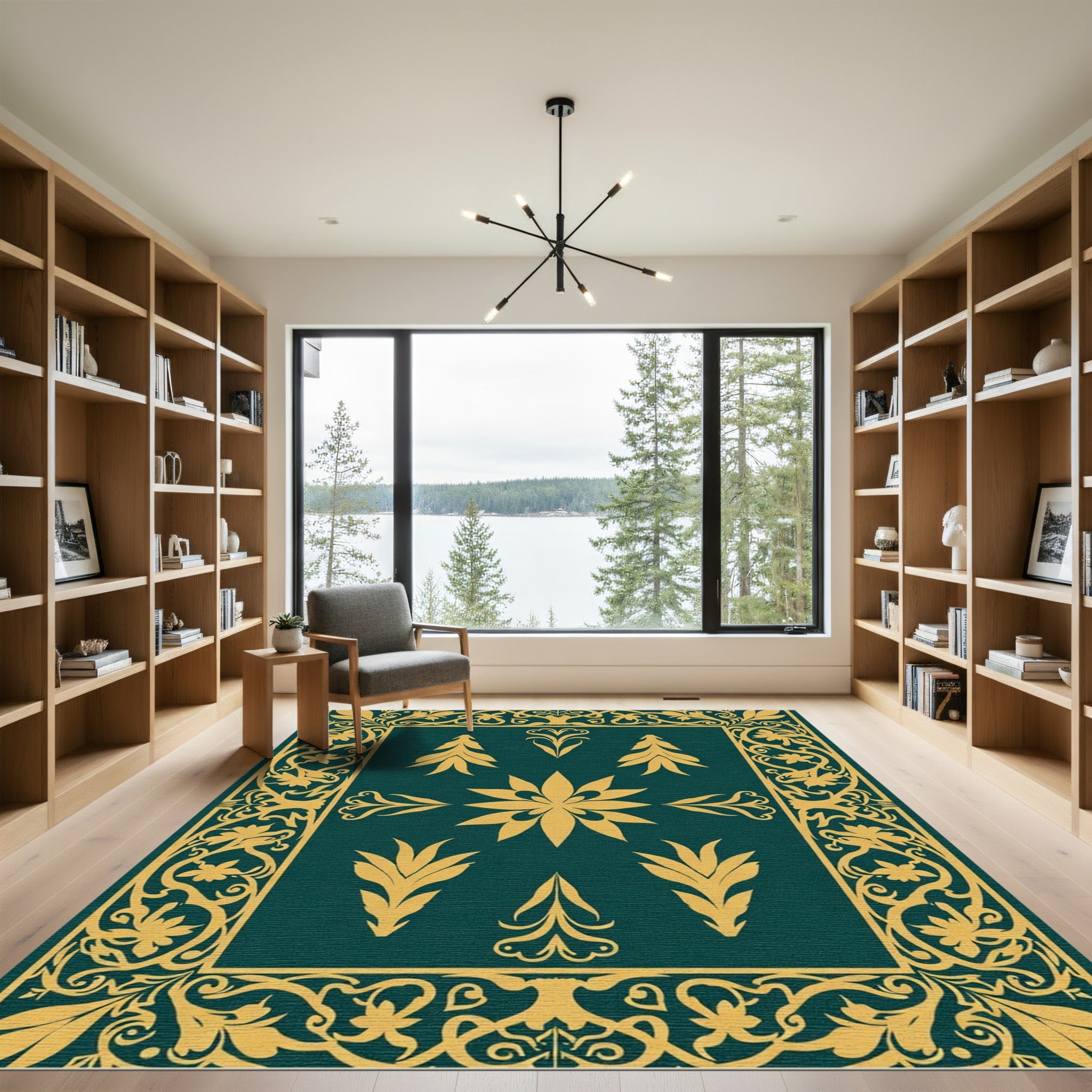 Golden Floral Border on Teal Canvas Rug
