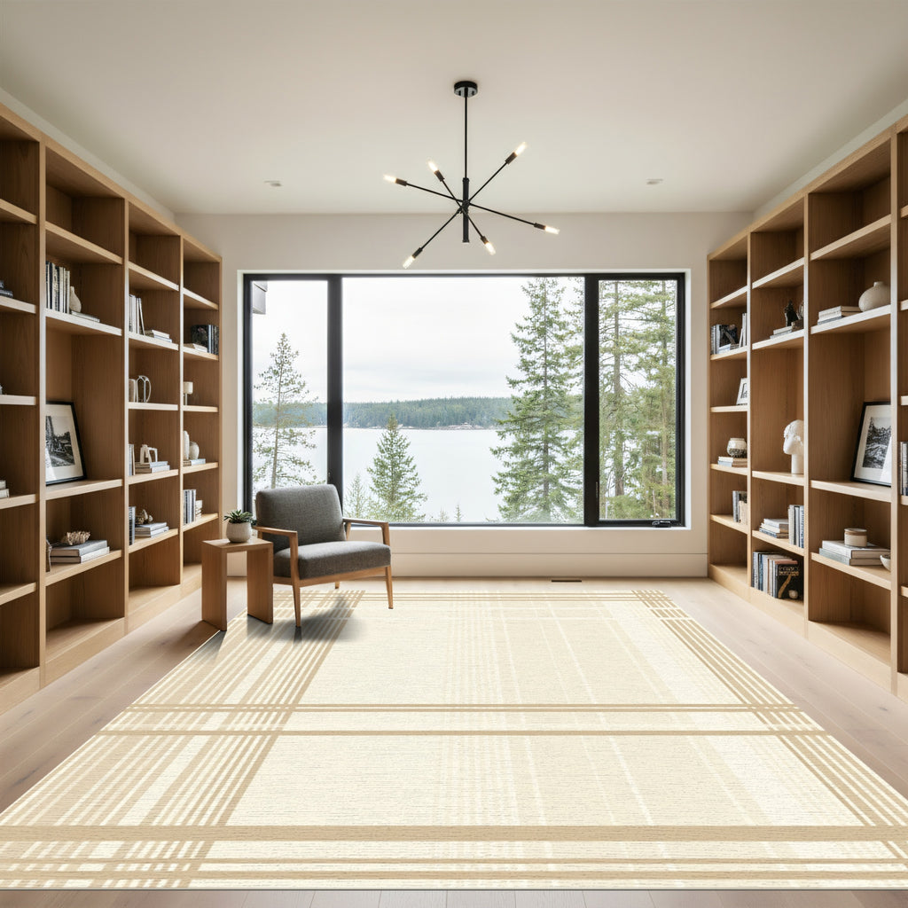 Neutral Beige Linear Plaid Rug