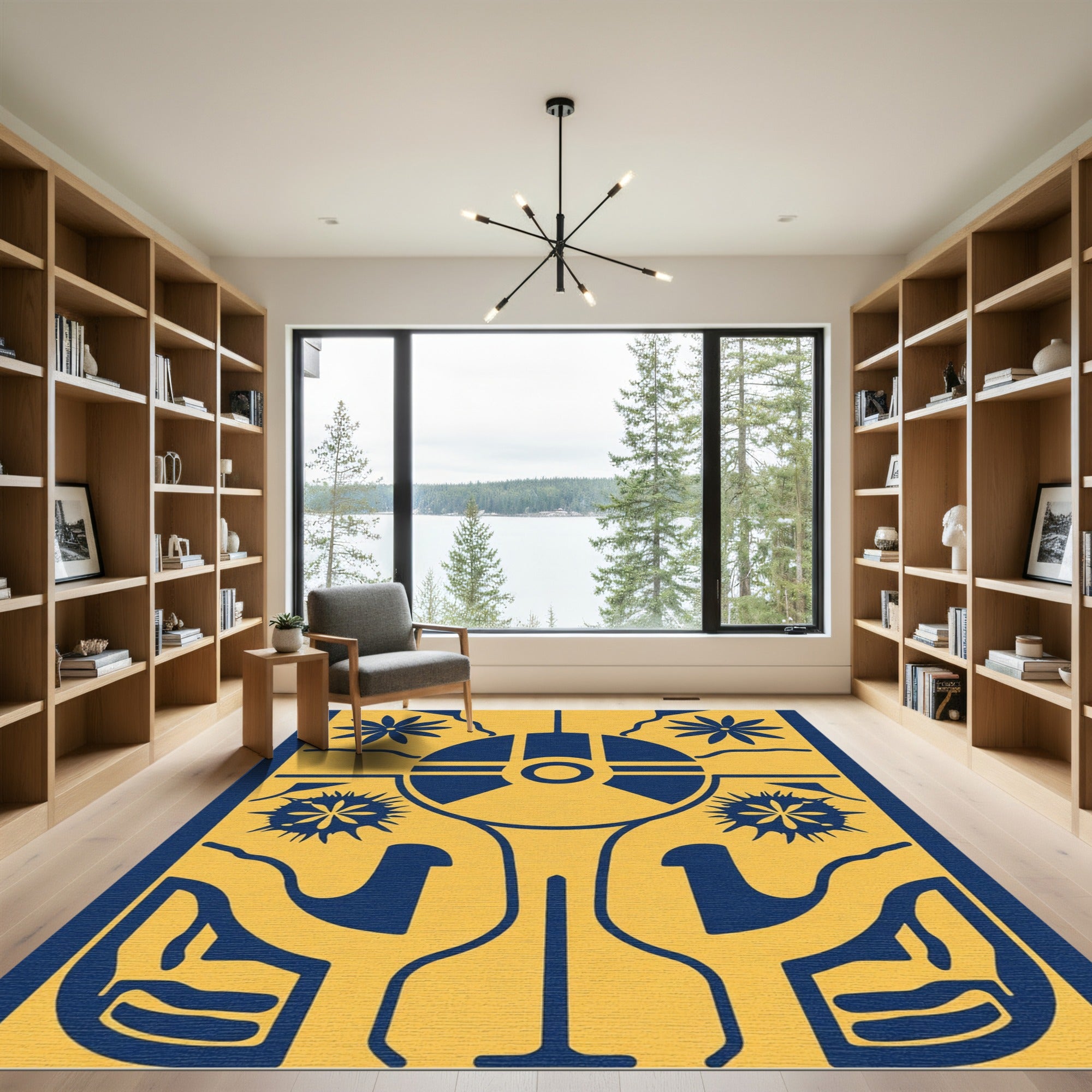 Bold Navy Yellow Floral Sunburst Rug