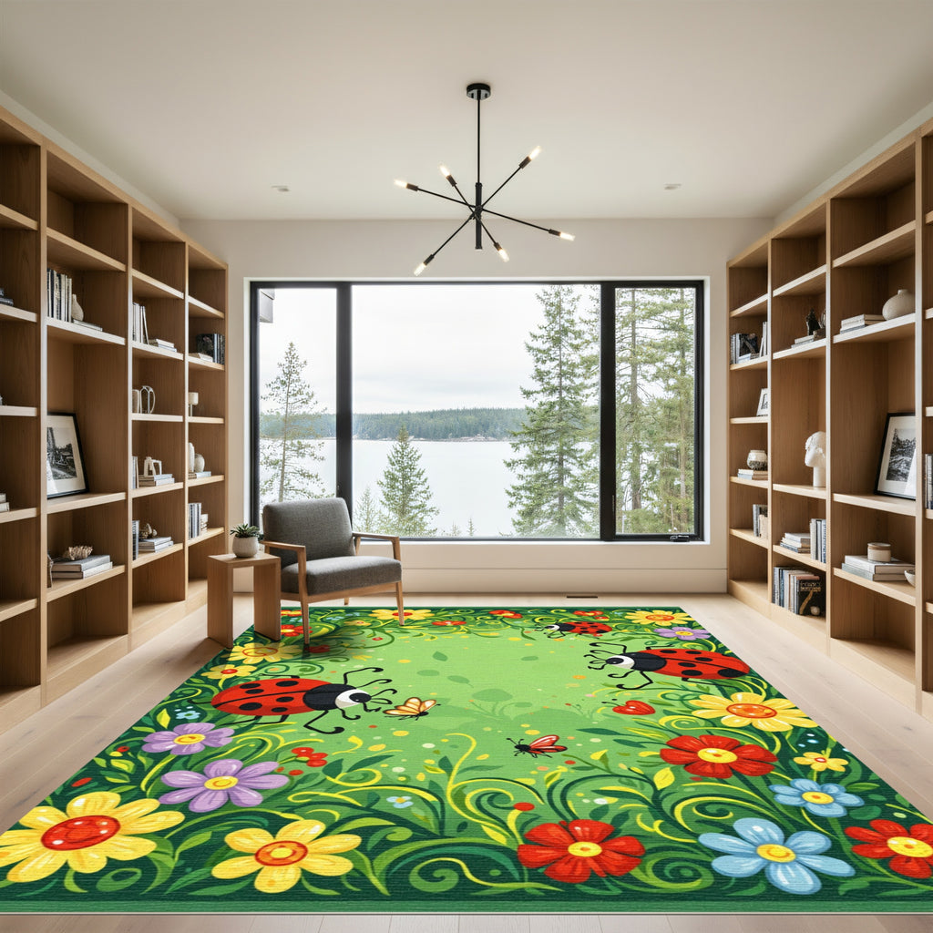 Whimsical Ladybug Flower Garden Rug