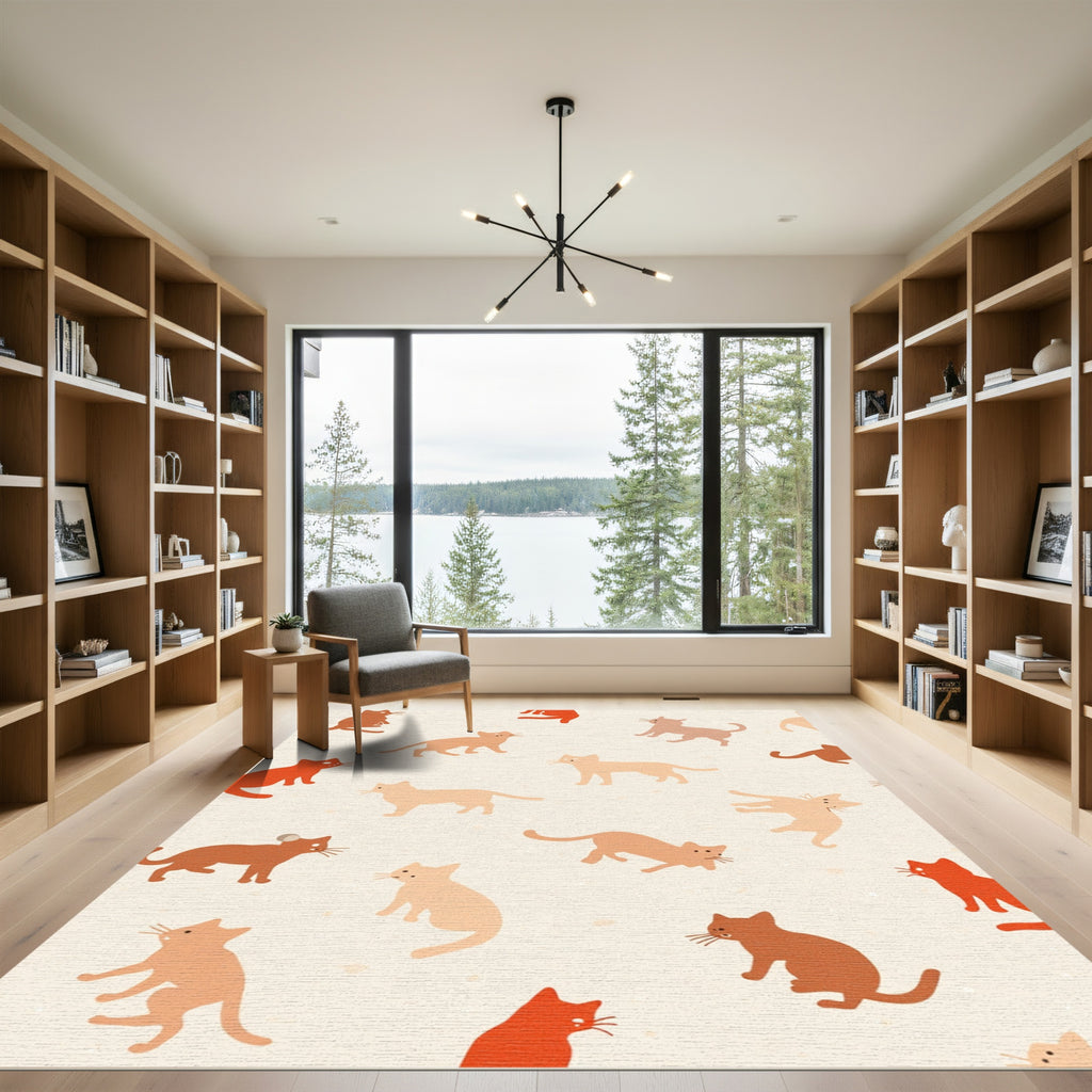 Whimsical Cat Mice Terracotta Silhouette Rug