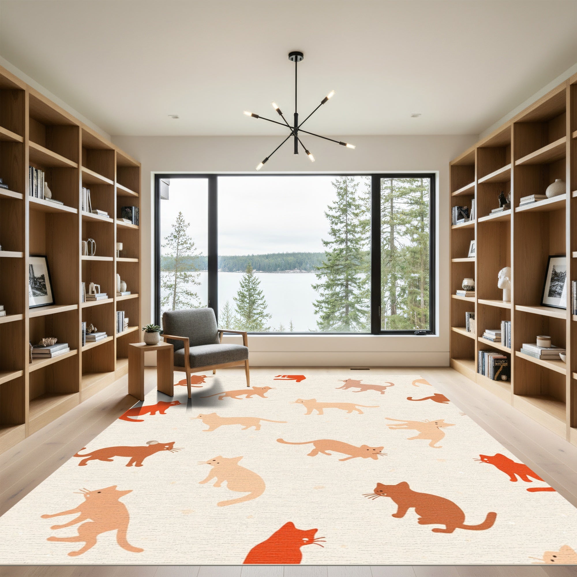 Whimsical Cat Mice Terracotta Silhouette Rug