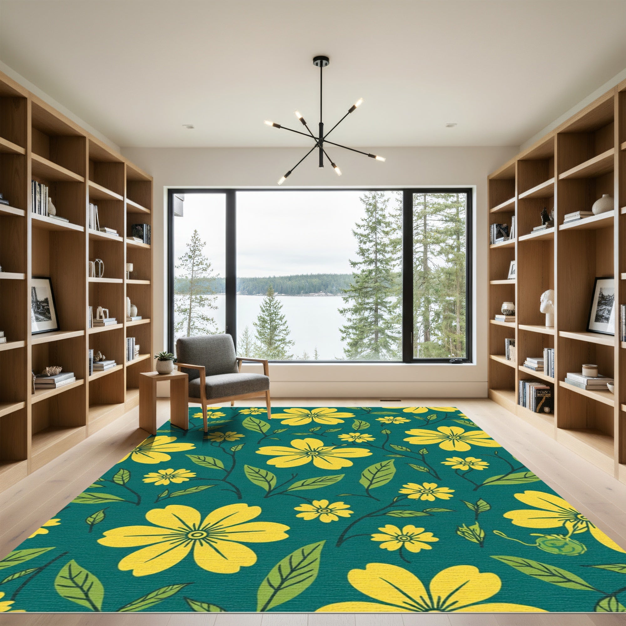 Yellow Floral Branches Teal Background Rug