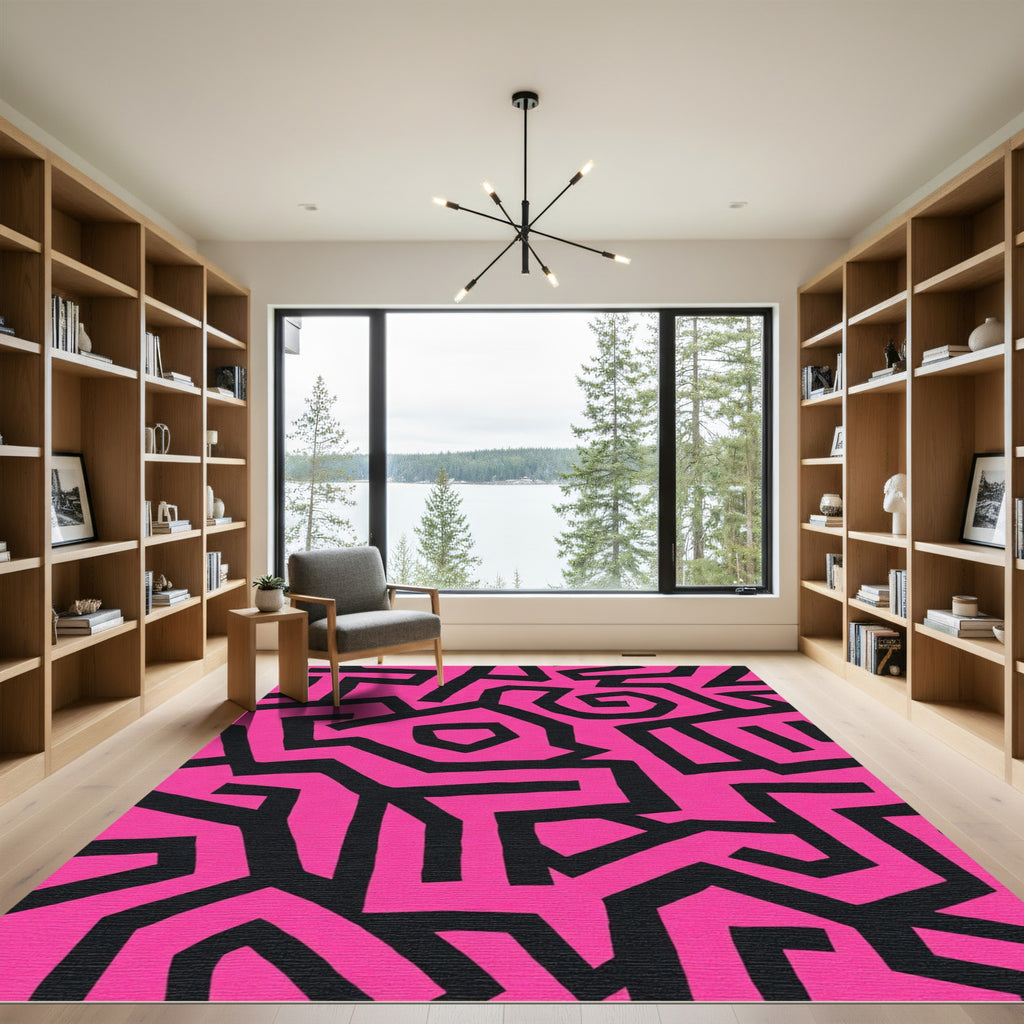 Bold Pink Black Abstract Lines Rug