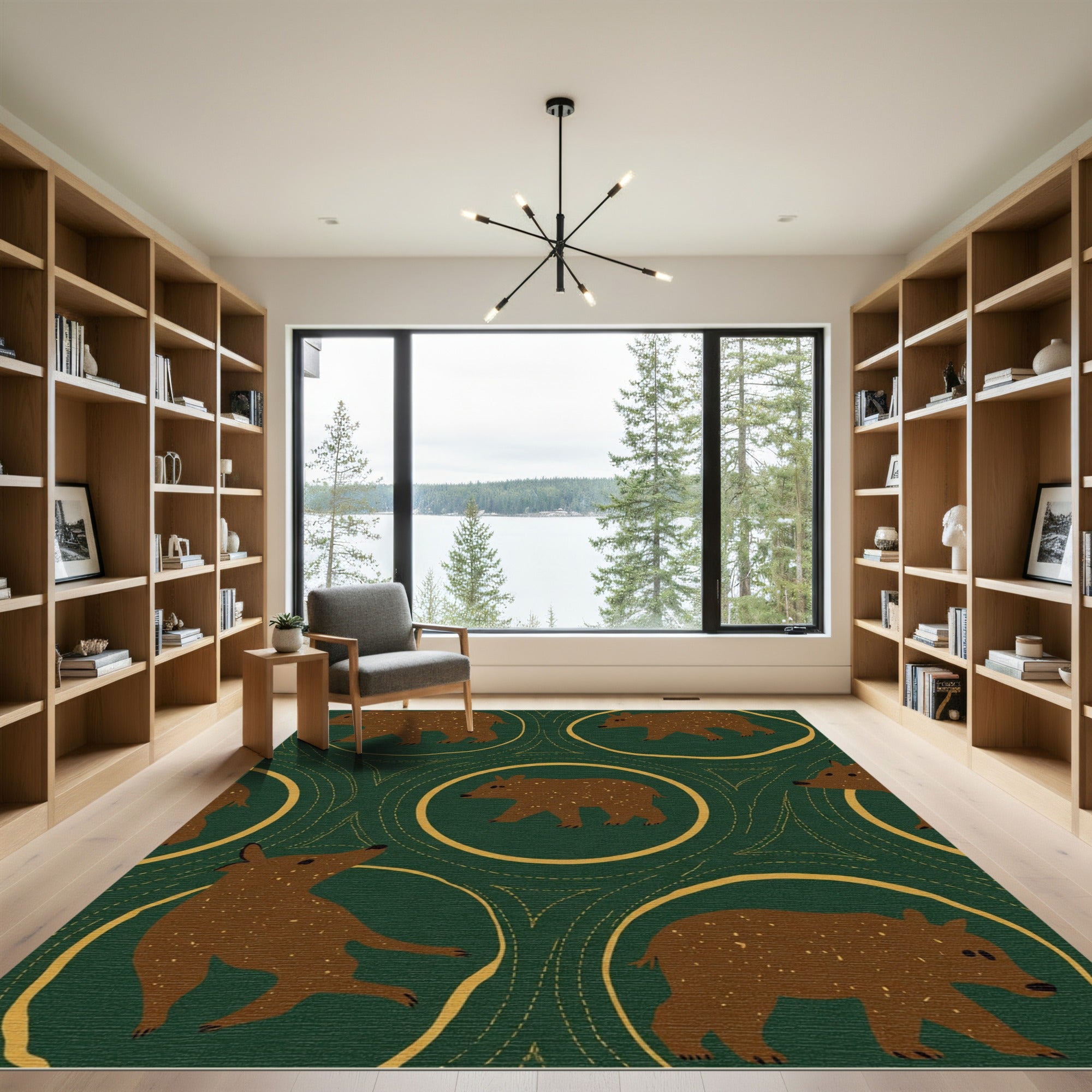 Woodland Bear Medallion Hunter Green Rug