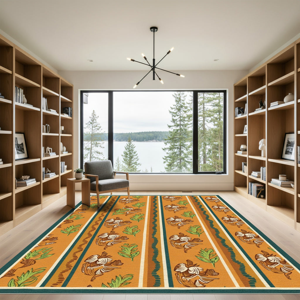 Orange Floral Stripe Mid Century Rug