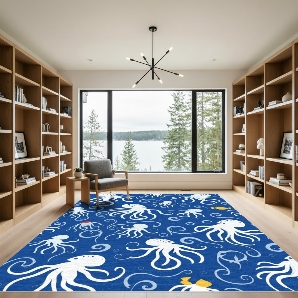 Blue White Octopus Swirl Aquatic Whimsy Rug