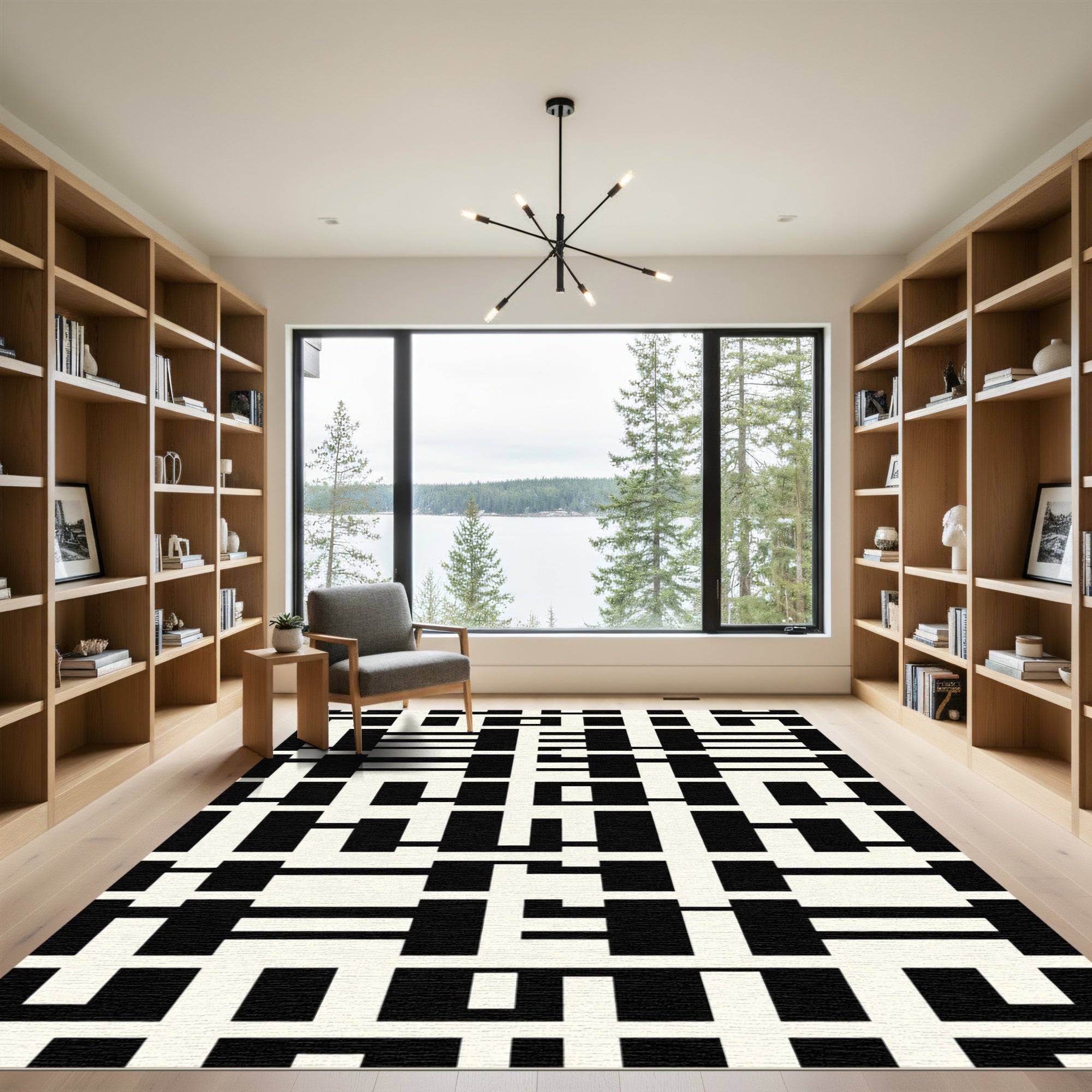 Black Cream Geometric Labyrinth Rug