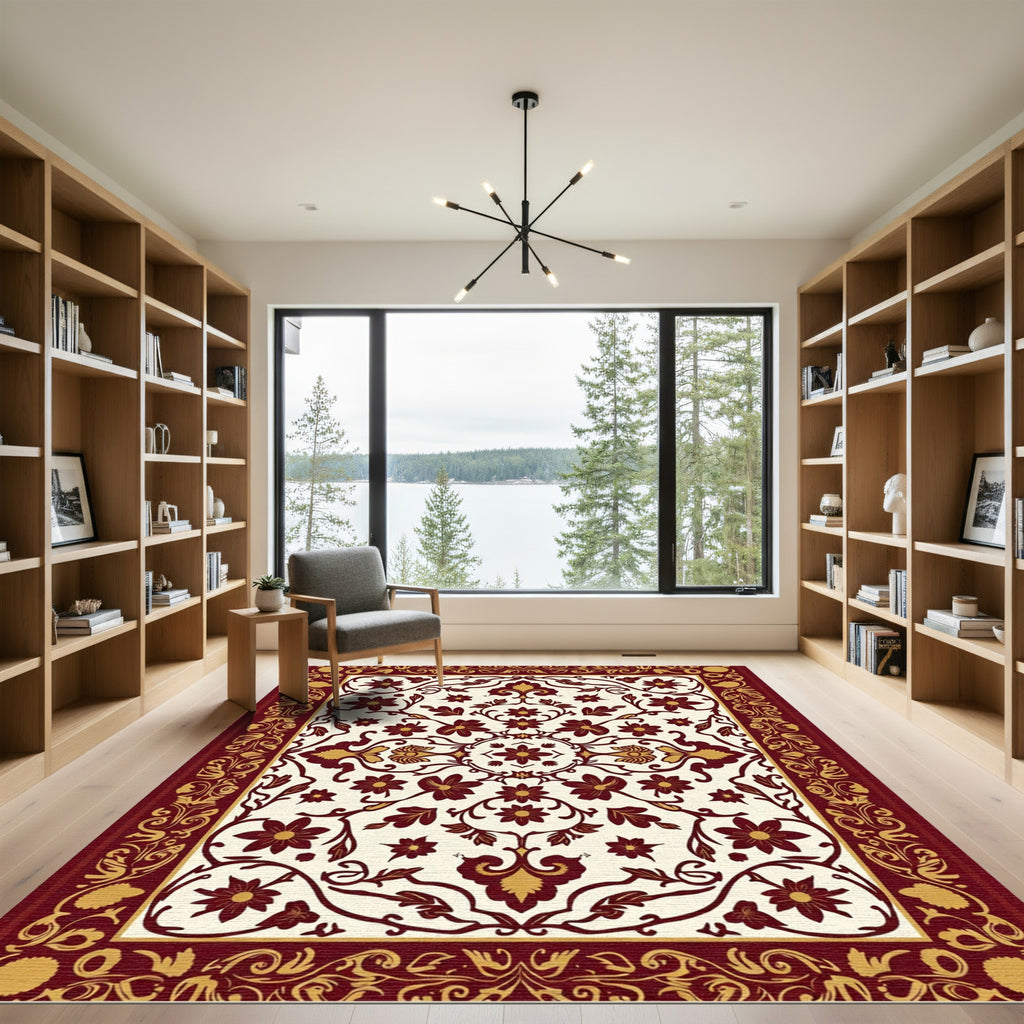 Rich Crimson Floral Scrollwork Accent Rug