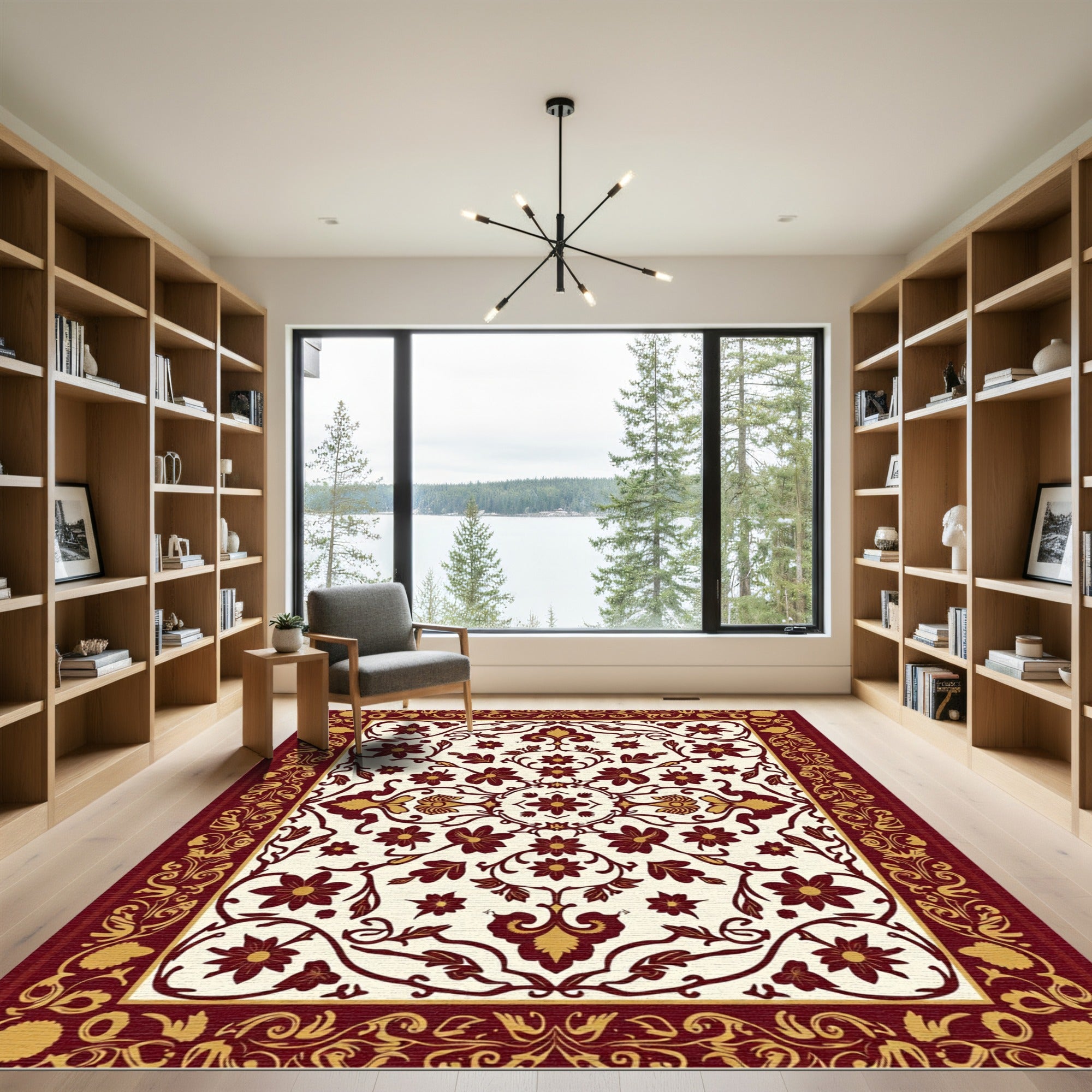 Rich Crimson Floral Scrollwork Accent Rug