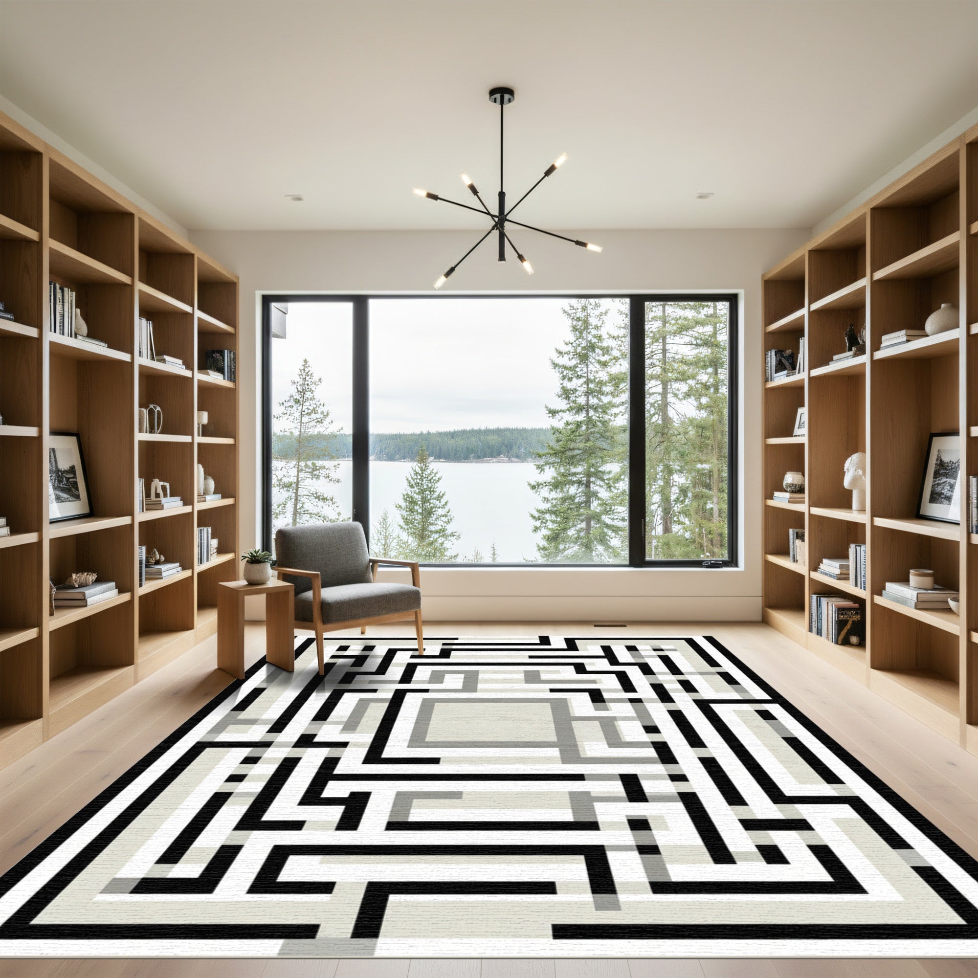 Geometric Maze Black White Cream Layers Rug