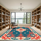 Teal Coral Floral Medallion Border Rug