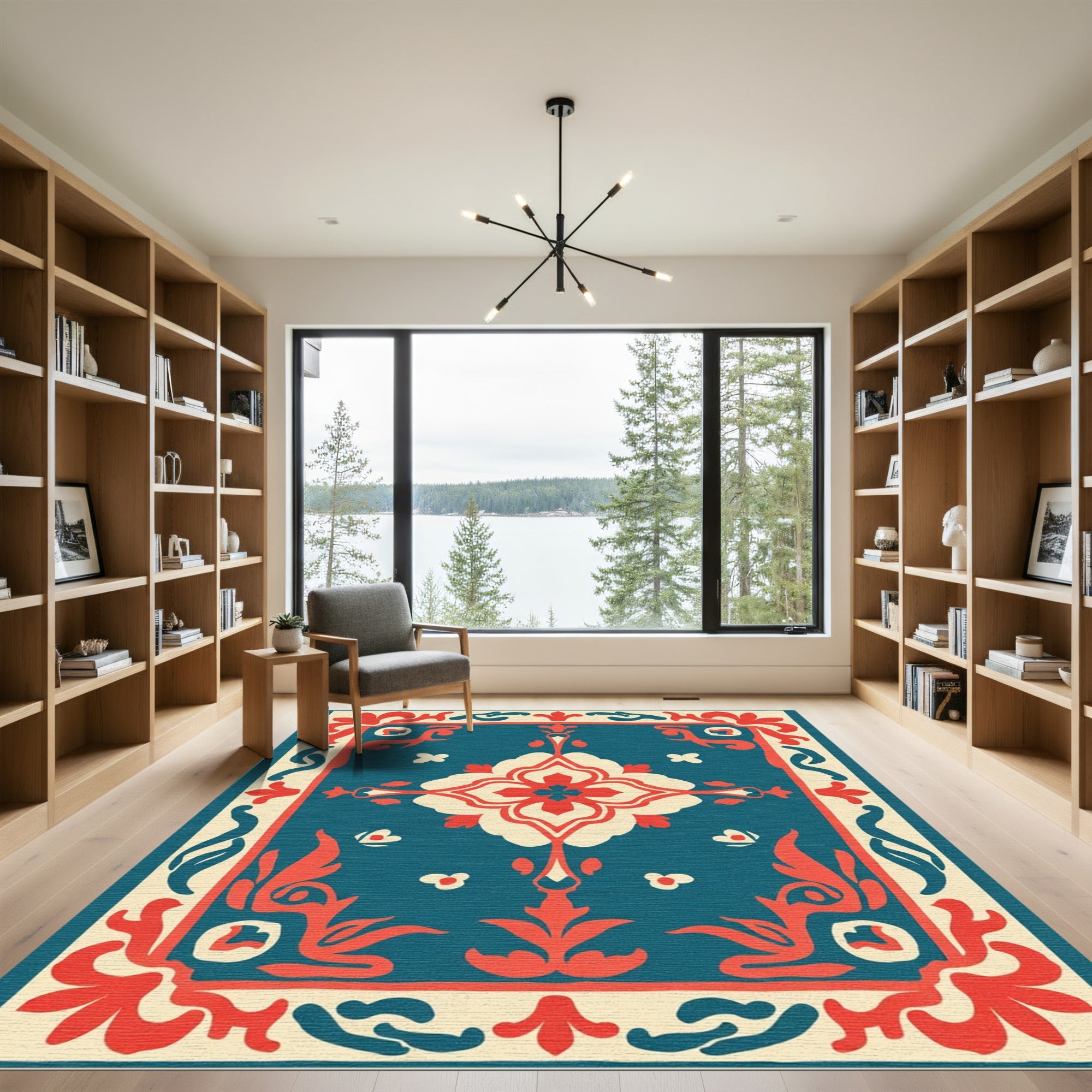Teal Coral Floral Medallion Border Rug