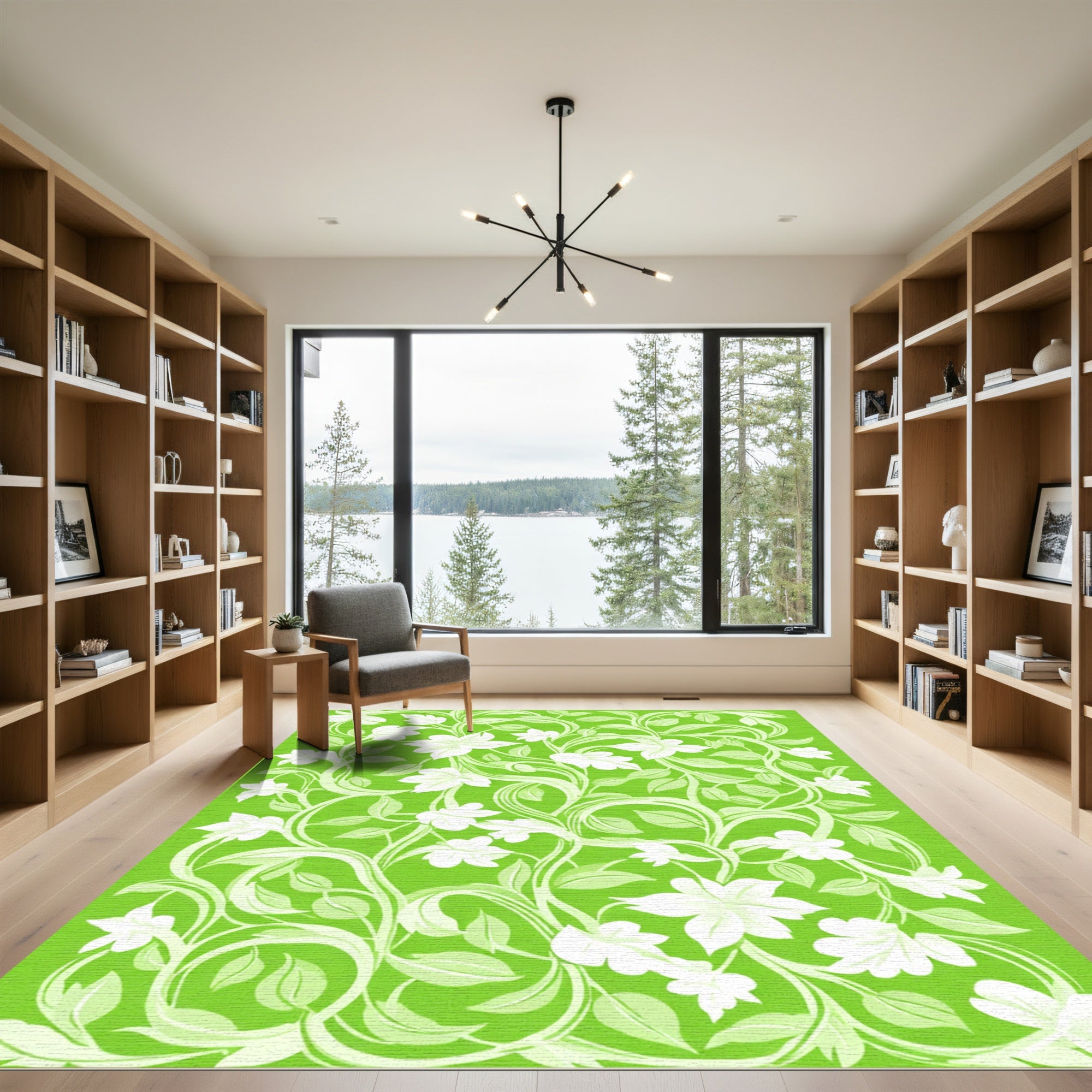 Vibrant Green Floral Vine Swirls Rug