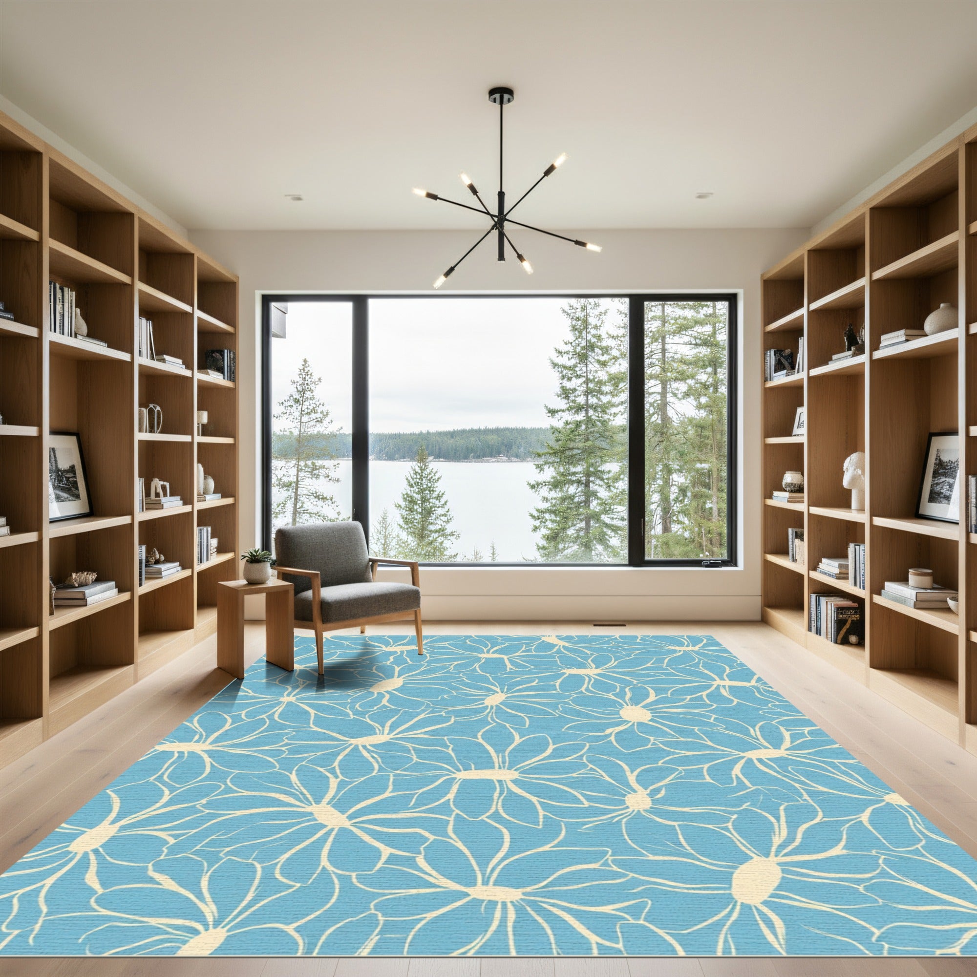 Sky Blue Outline Daisy Blooms Rug