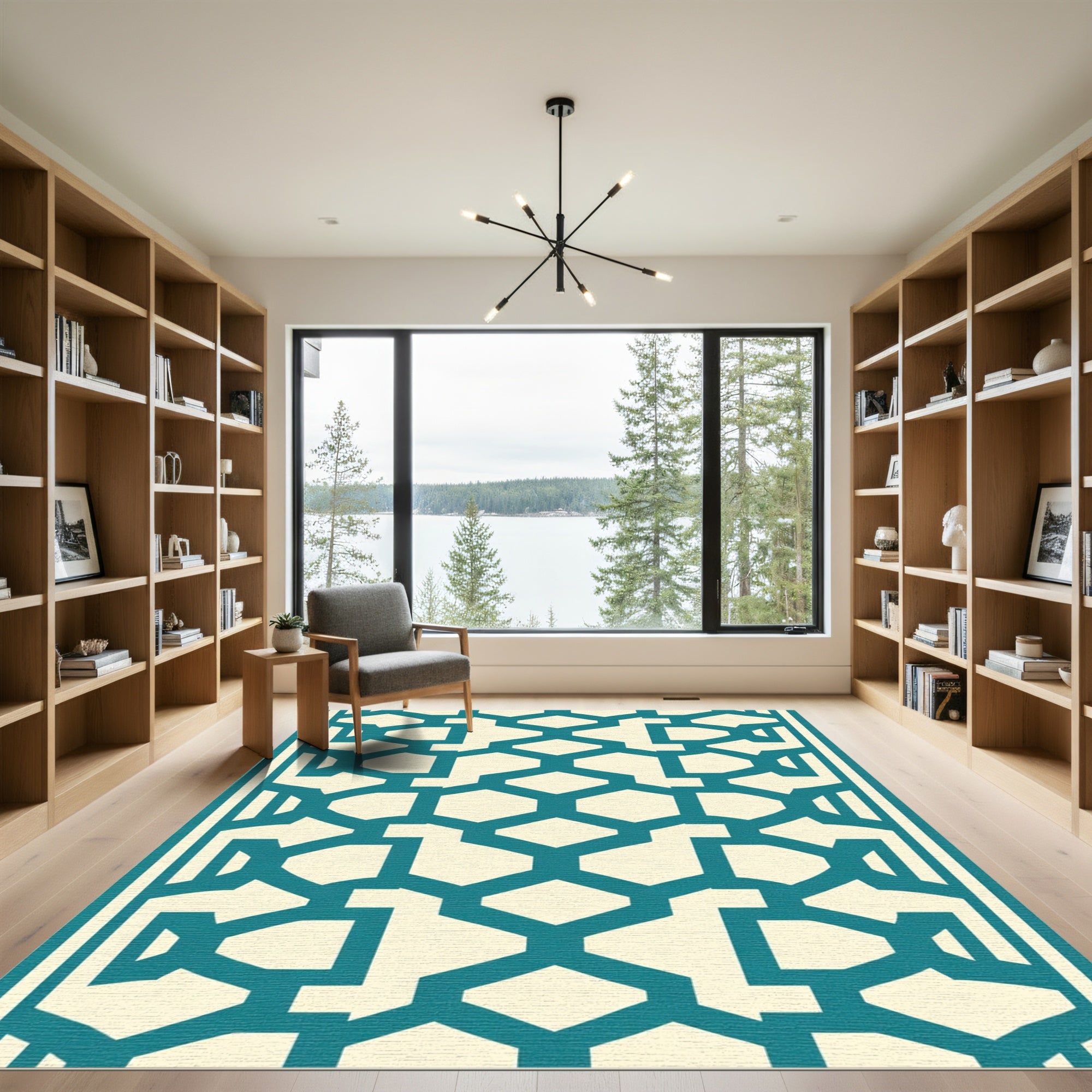 Teal Cream Geometric Interlocking Forms Rug