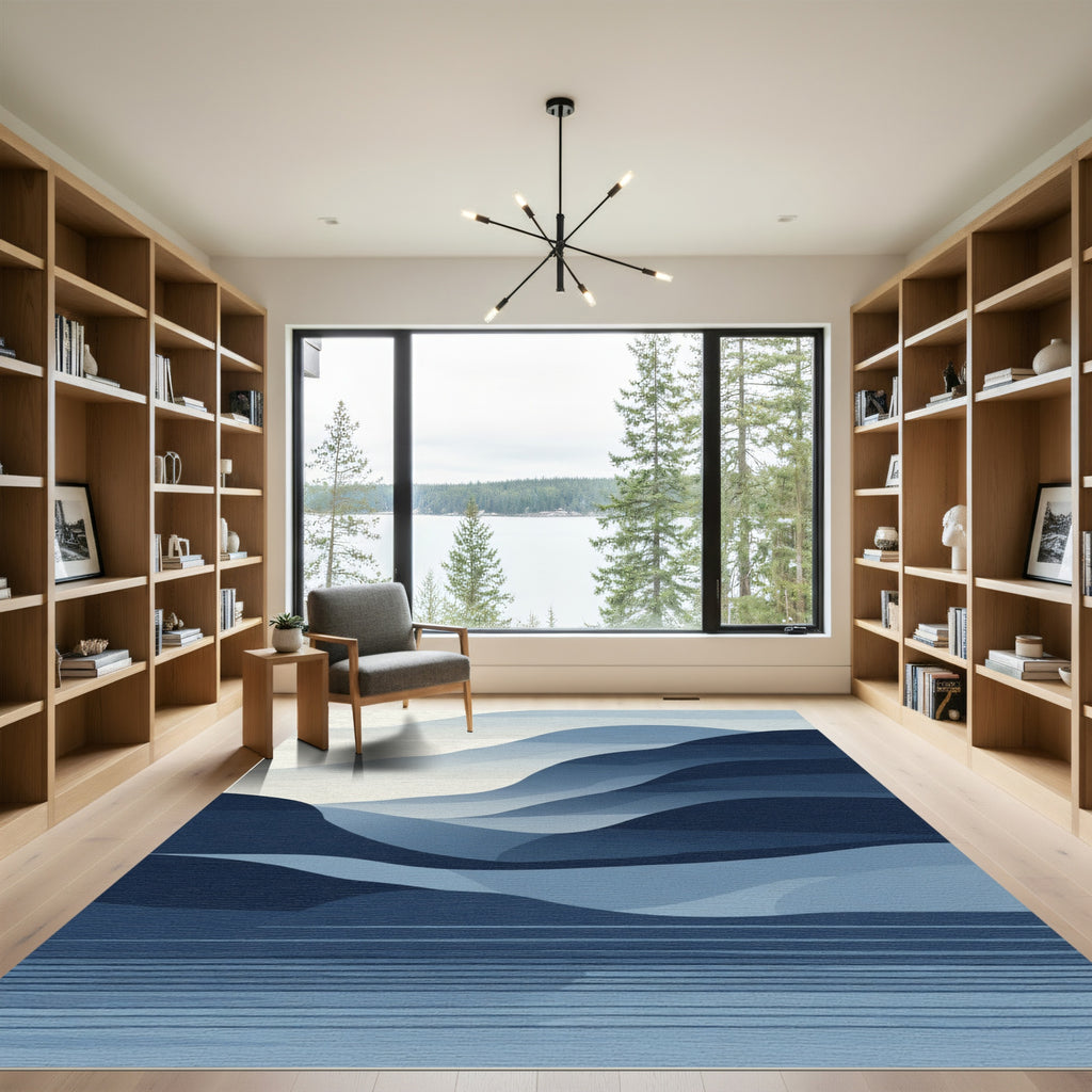 Serene Blue Abstract Landscape Waves Rug