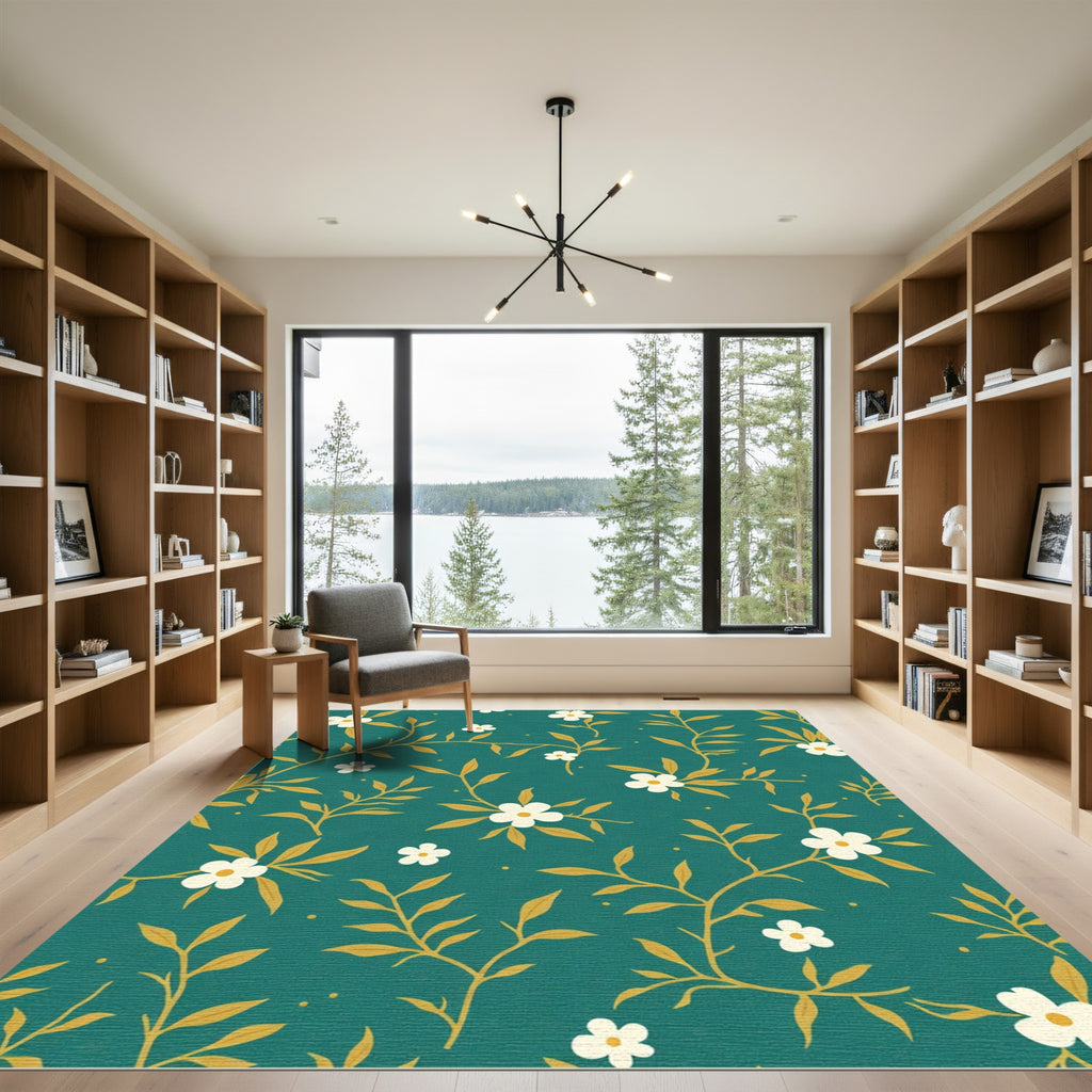Teal Golden Floral Vine Accent Rug