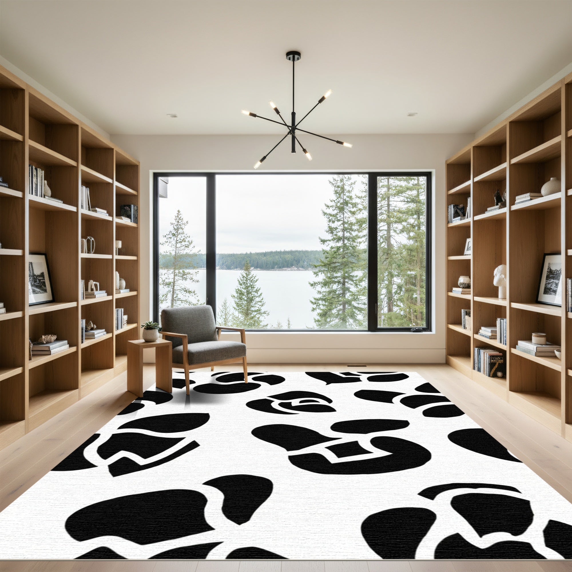Chic Black White Abstract Organic Forms Rug
