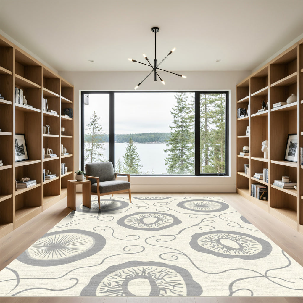 Gray Floral Vine Round Medallion Rug