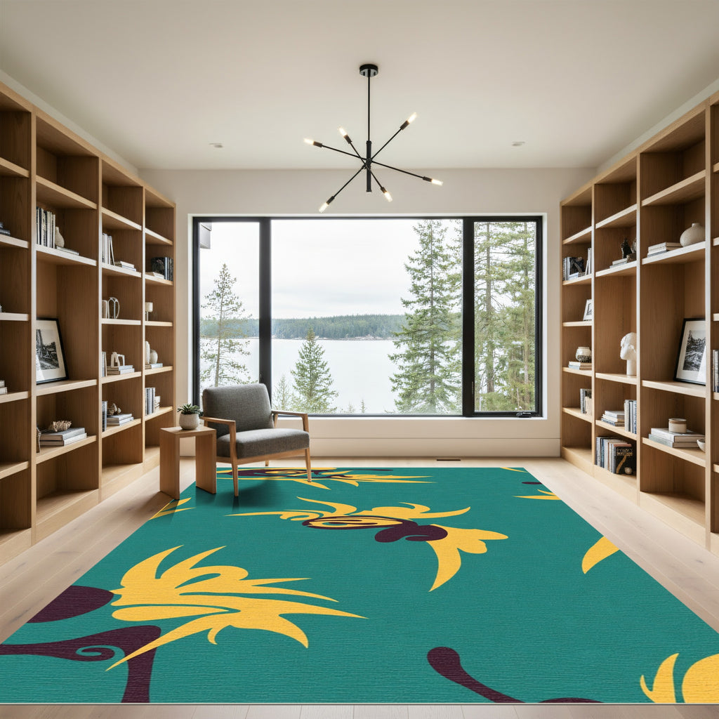 Teal Yellow Abstract Organic Swirl Rug