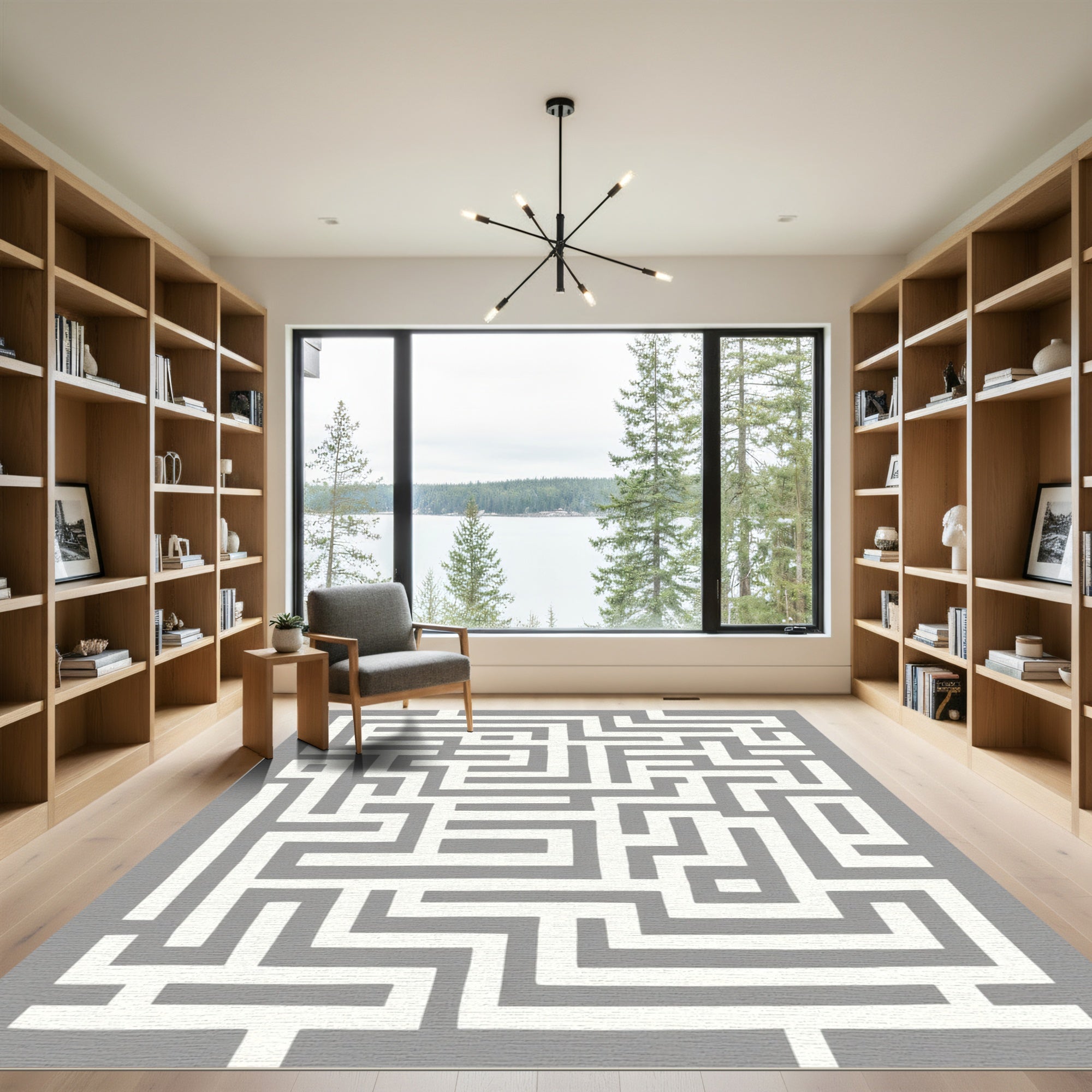 Modern Gray White Maze Pathway Rug