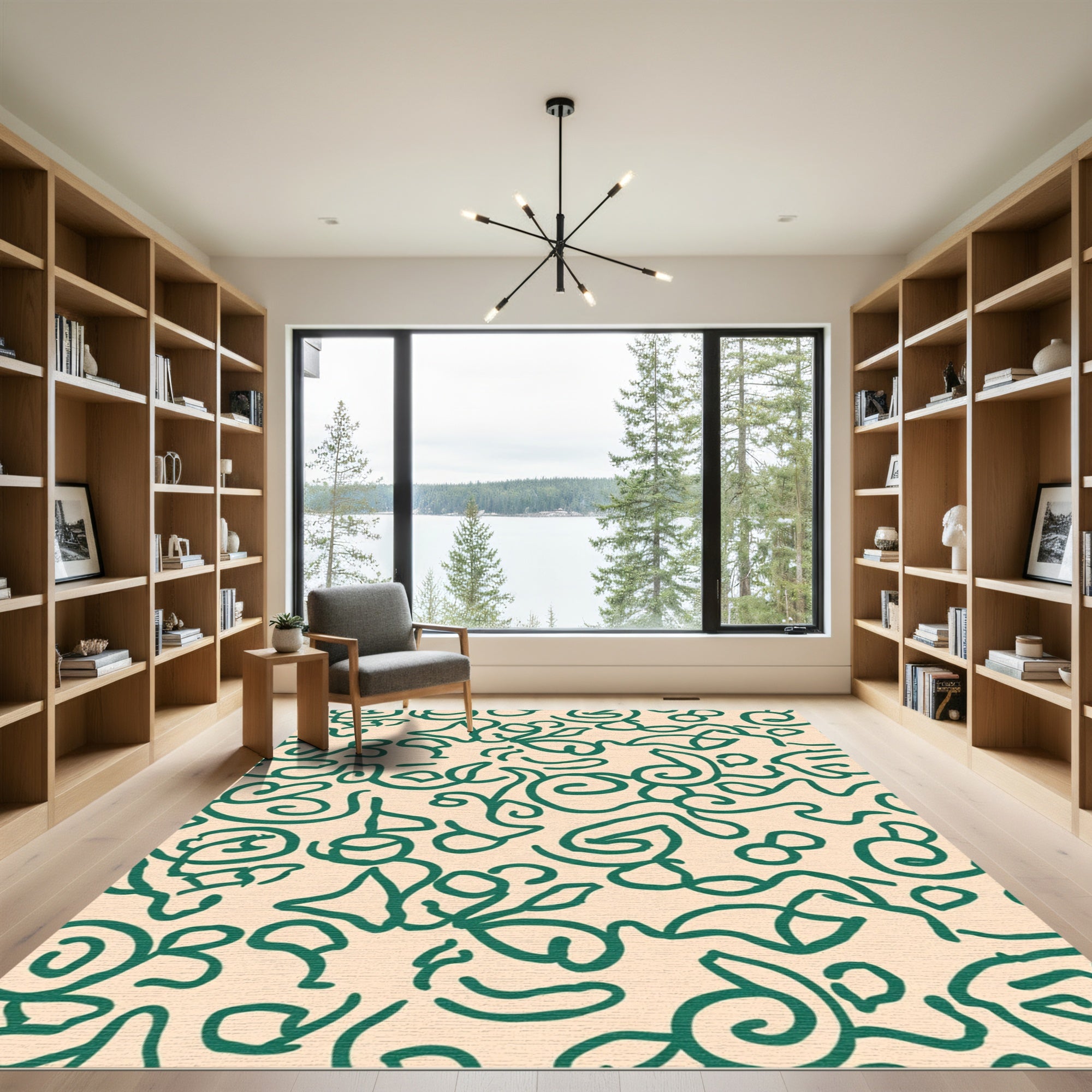 Green Leafy Swirl Abstract Line Rug