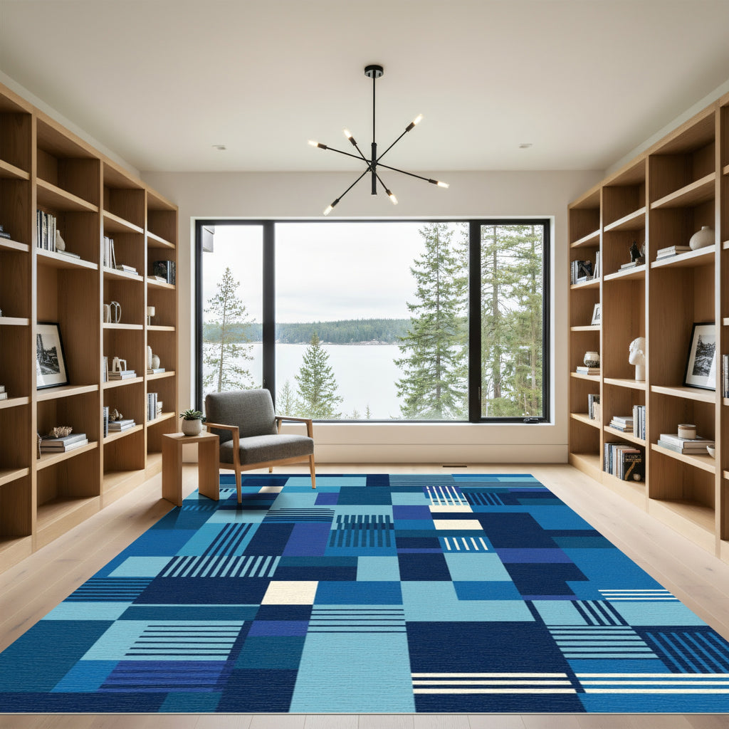 Deep Blue Geometric Block Stripe Rug