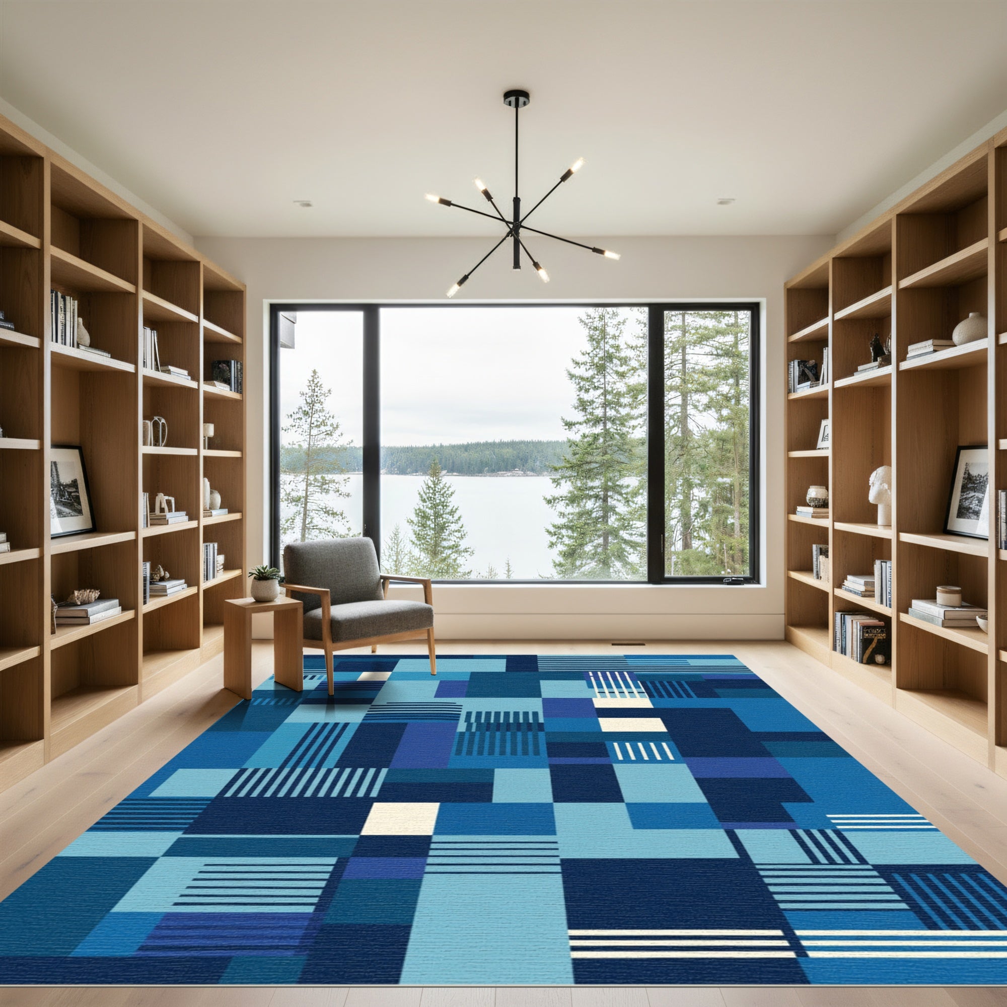 Deep Blue Geometric Block Stripe Rug