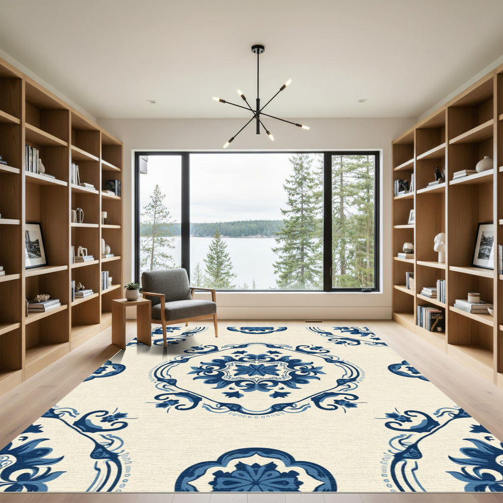 Bold Blue Floral Medallion Swirl Rug