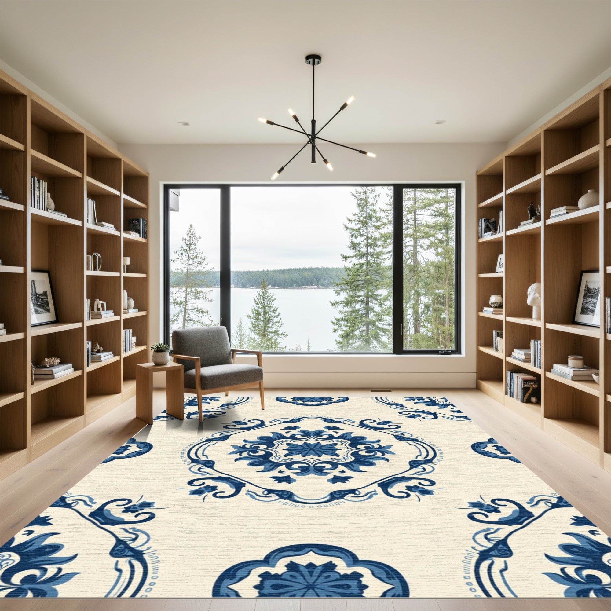 Bold Blue Floral Medallion Swirl Rug