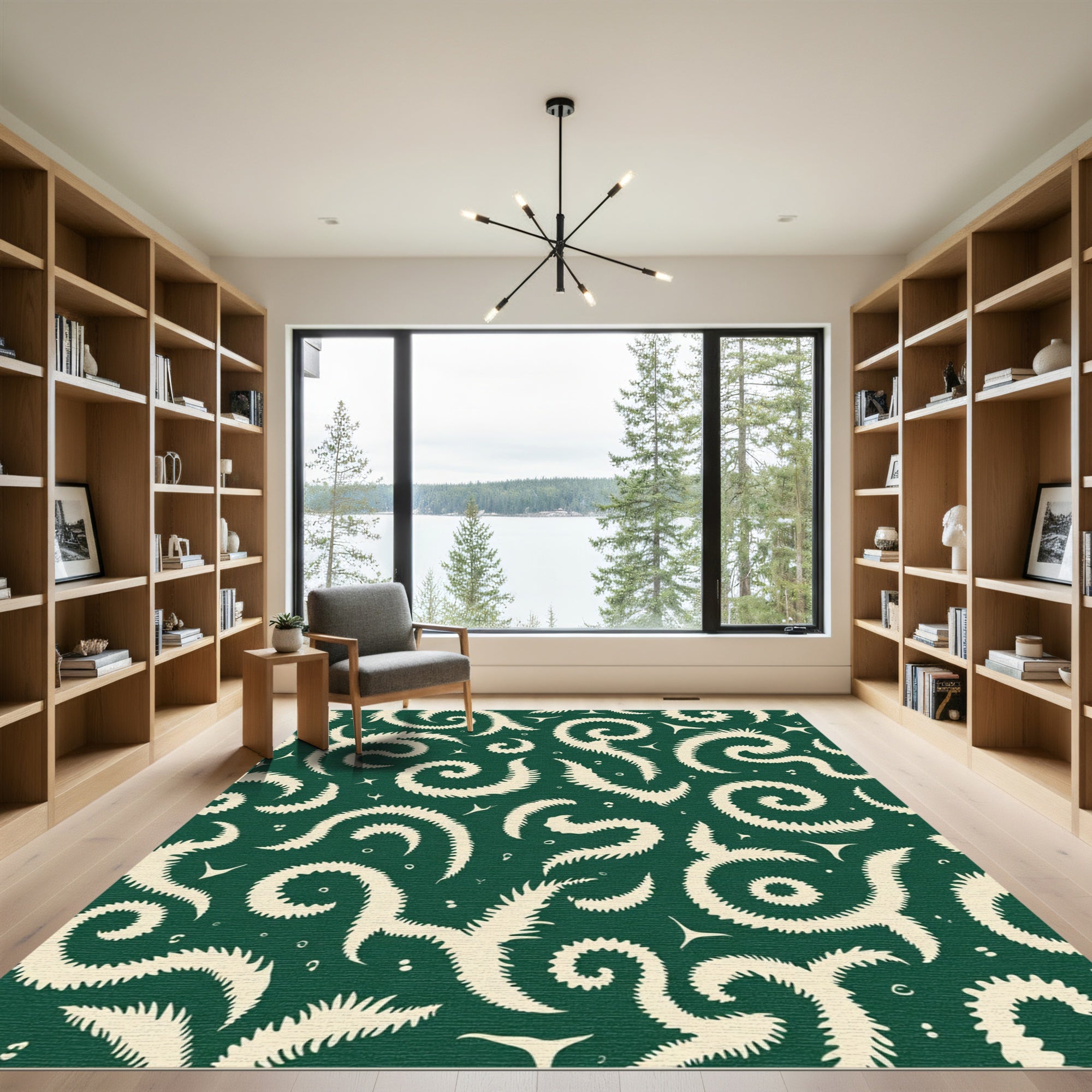 Cream Fern Scrollwork Emerald Green Rug