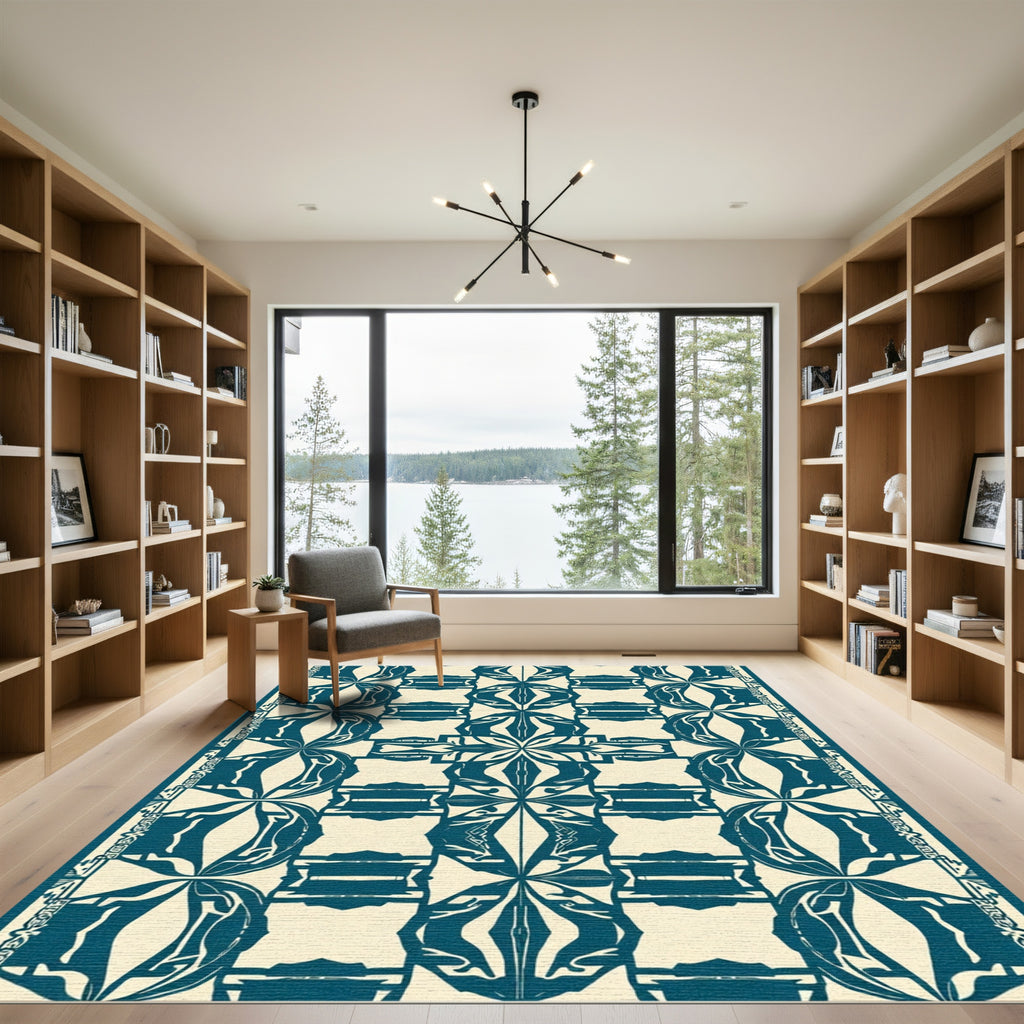 Art Deco Teal Abstract Floral Rectangles Rug