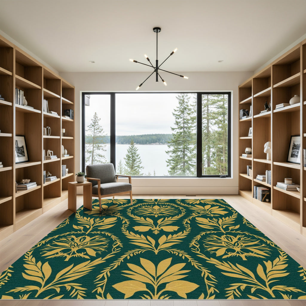 Golden Leaf Damask Emerald Ornament Rug