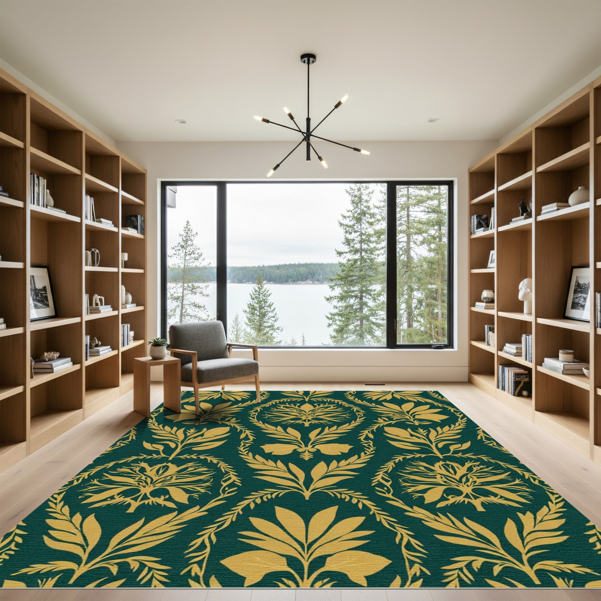 Golden Leaf Damask Emerald Ornament Rug