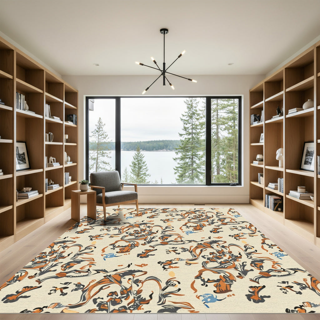 Creme Orange Gray Abstract Floral Swirls Rug