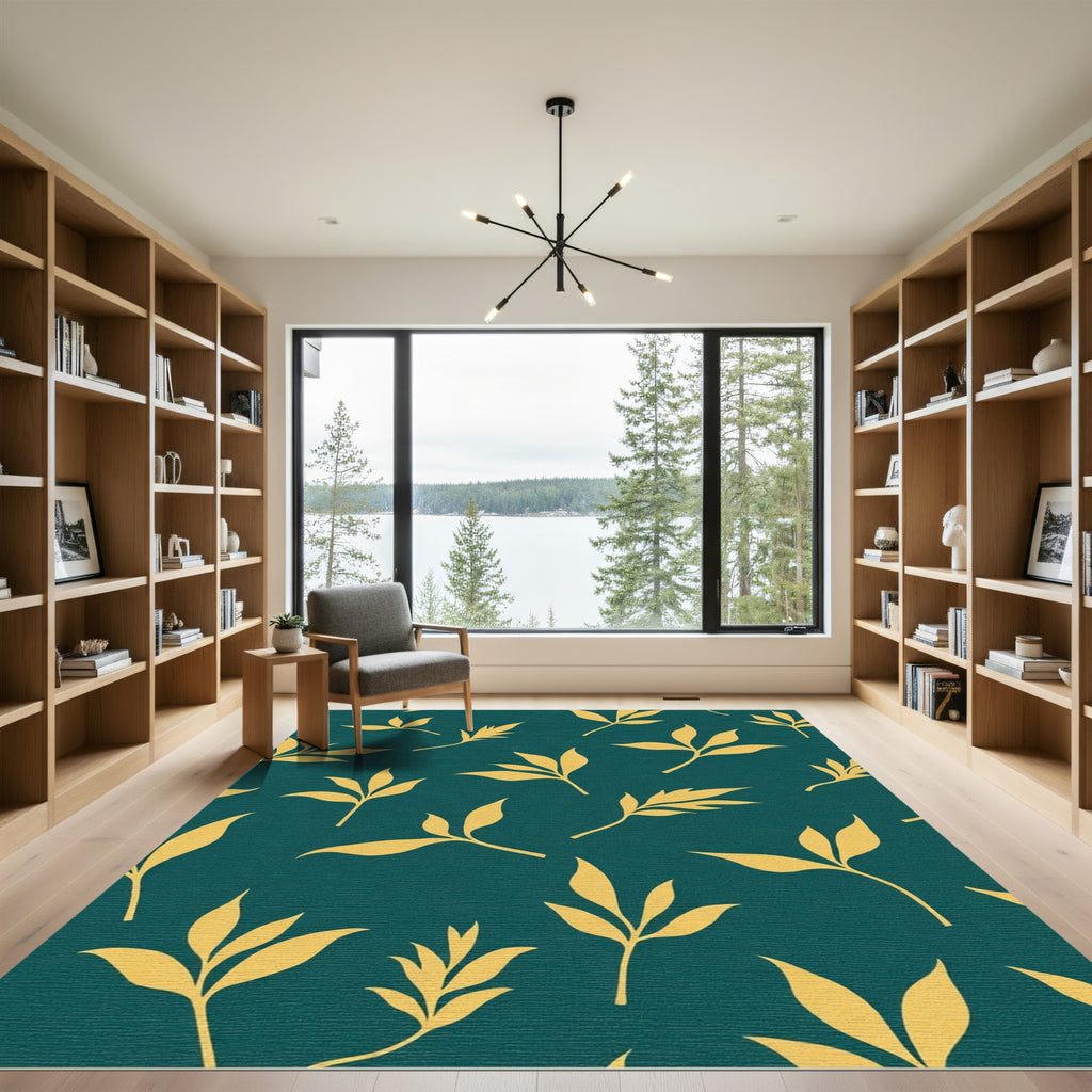 Golden Leaf Branches Teal Background Rug