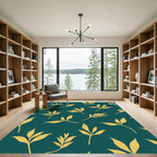 Golden Leaf Branches Teal Background Rug
