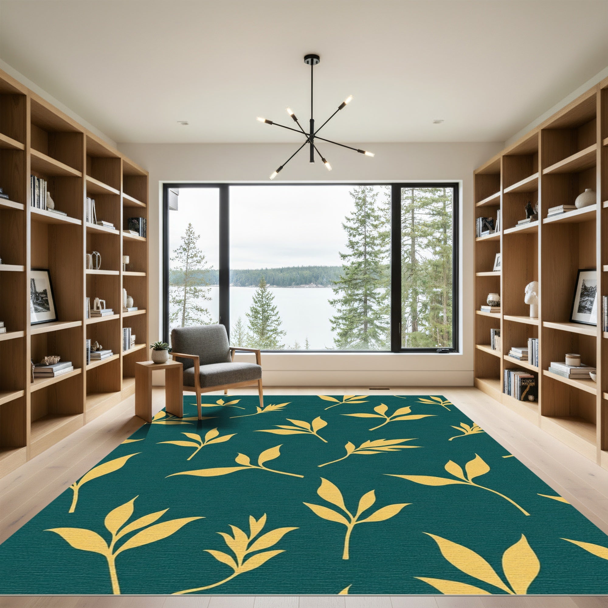 Golden Leaf Branches Teal Background Rug