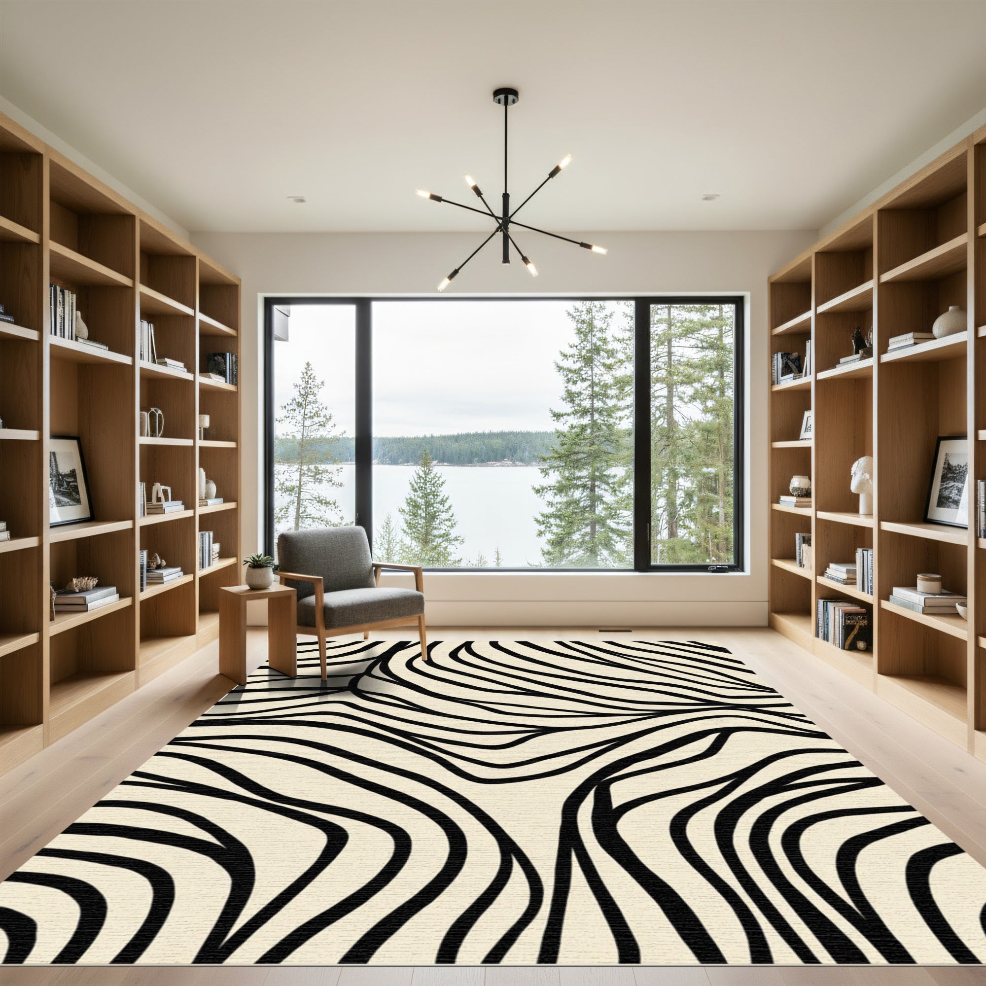 Cream Black Organic Stripe Waves Rug
