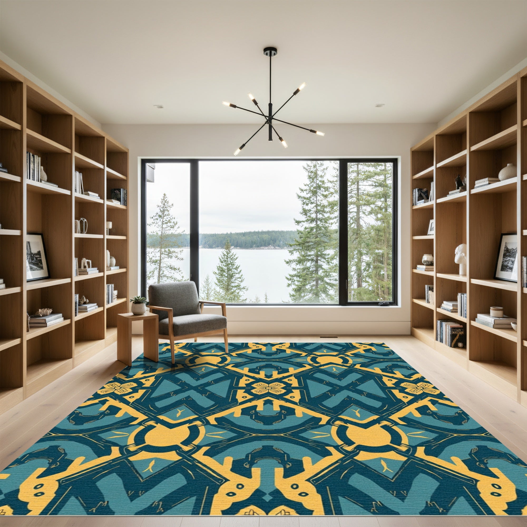 Teal Gold Interlocking Geometric Rug