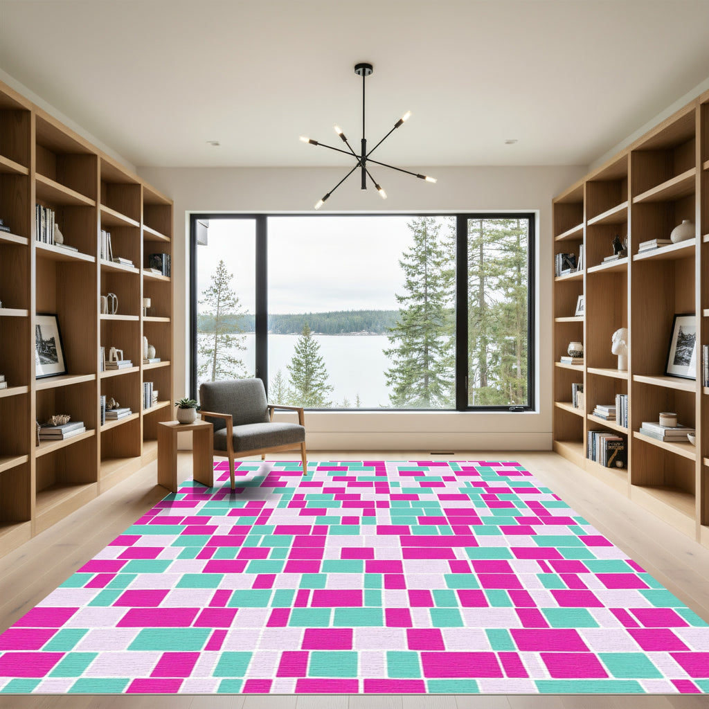Pink Mint White Geometric Blocks Rug